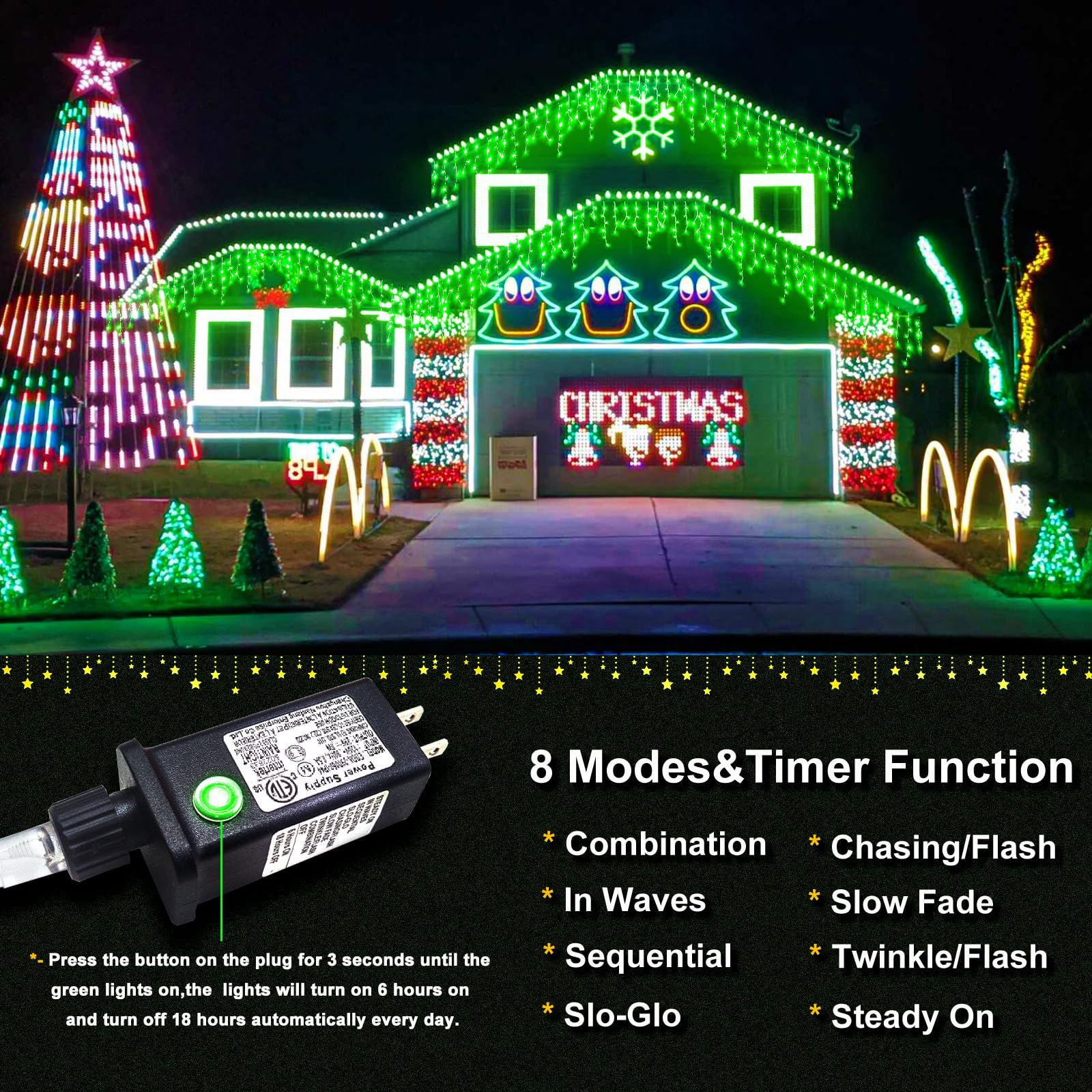 Nielfoi 33Ft 400 Led Christmas Icicle Lights - Waterproof, 8 Modes, Green Hanging Decoration