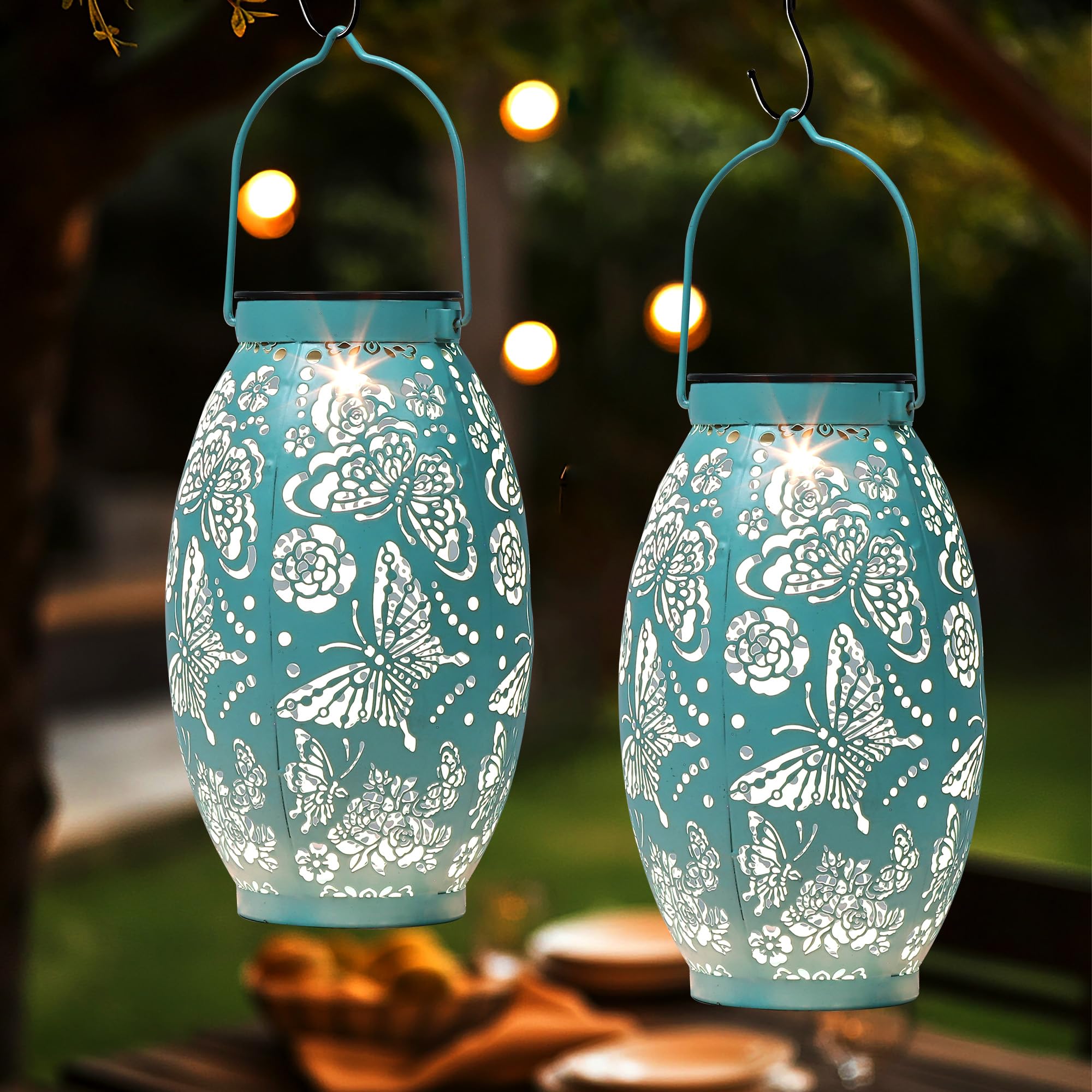 2 Pack Butterfly Solar Lanterns Gardening Gifts For Women Sister Mom Birthday, Large Hanging Solar Lanterns Garden Decor For Patio Yard Front Porch Decor, Big Metal Butterfly Solar Lights Waterproof