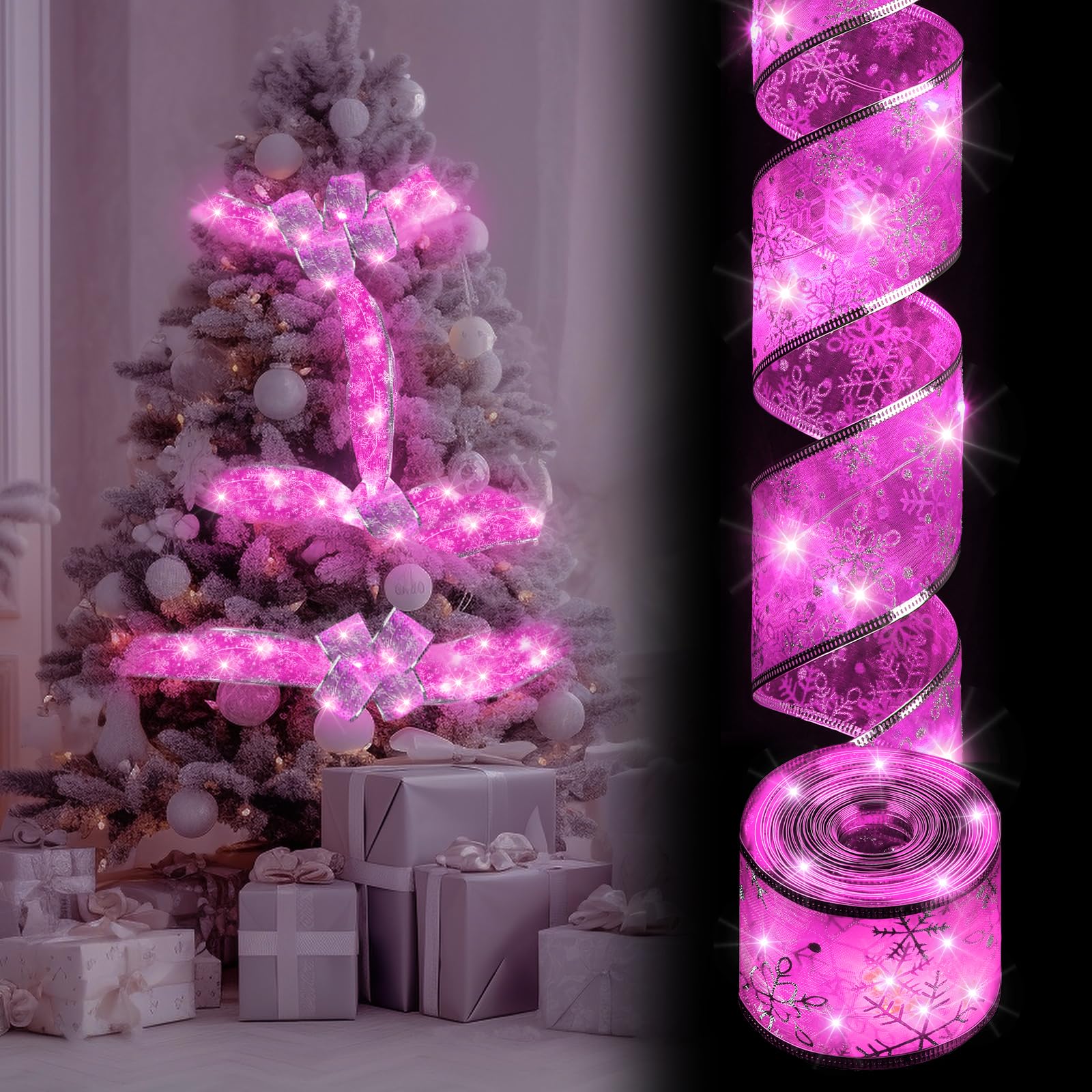 Christmas Ribbon Lights Christmas Lights 16.4 ft Glow Christmas Tree Ribbon Battery Operated Indoor String Lights for Outdoor Xmas Holiday Party Wedding Garland Lighted Decoration (Pink Snowflake)