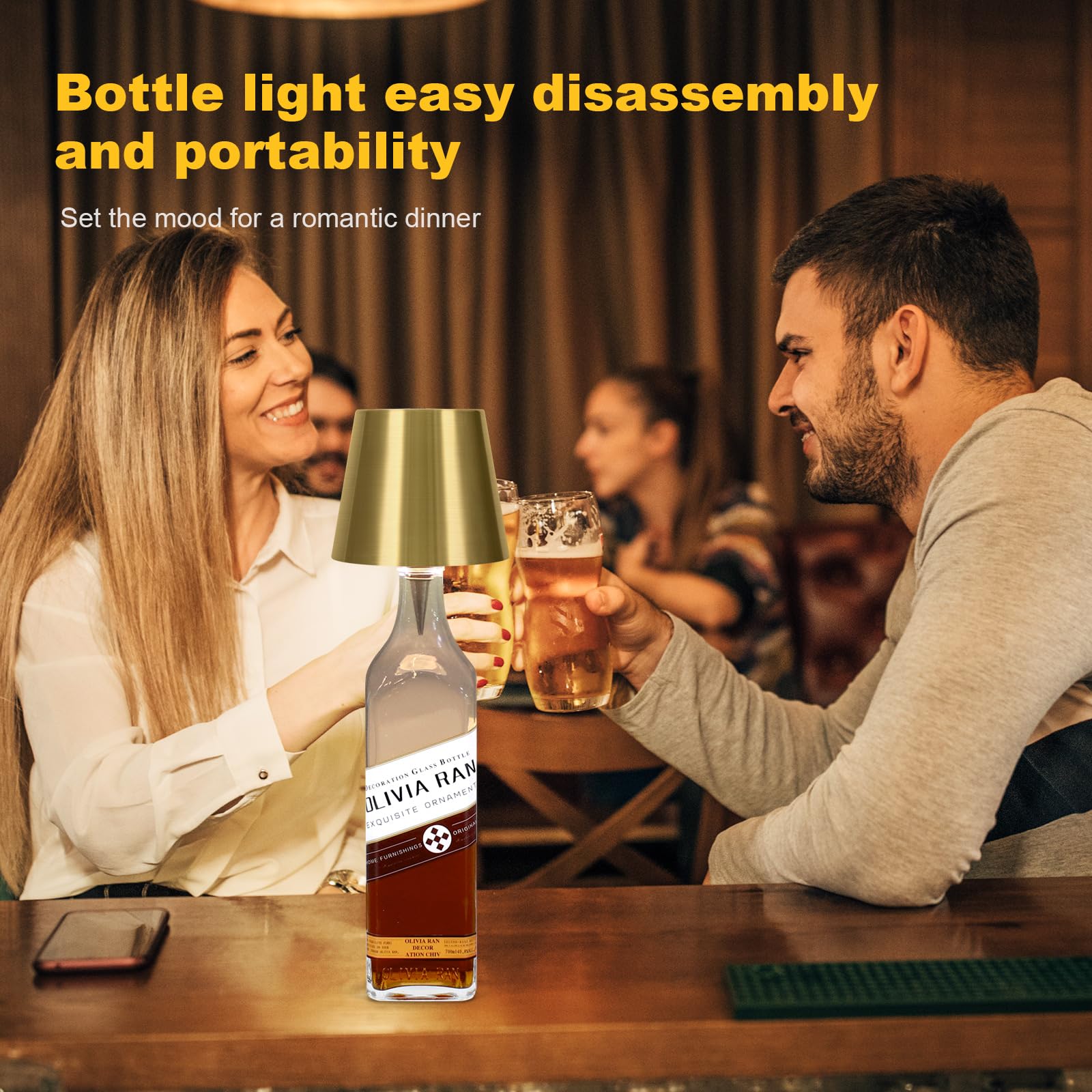 Mebaraul Wine Bottle Lamp - 3 Color Rechargeable Wireless Lamp, Touch Dimming, Metal, Gold, Model FT1