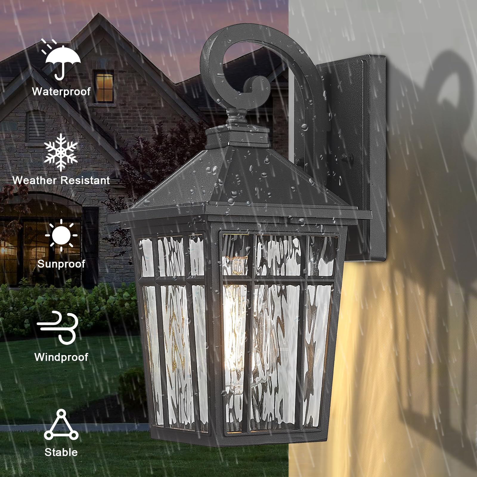Darkaway Outdoor Wall Lights For House  Exterior Lighting Fixtures Wall Mount Outside Porch Lights Waterproof Black Outdoor Sconce Lights With Water Ripple Glass For Patio Garage Front Door