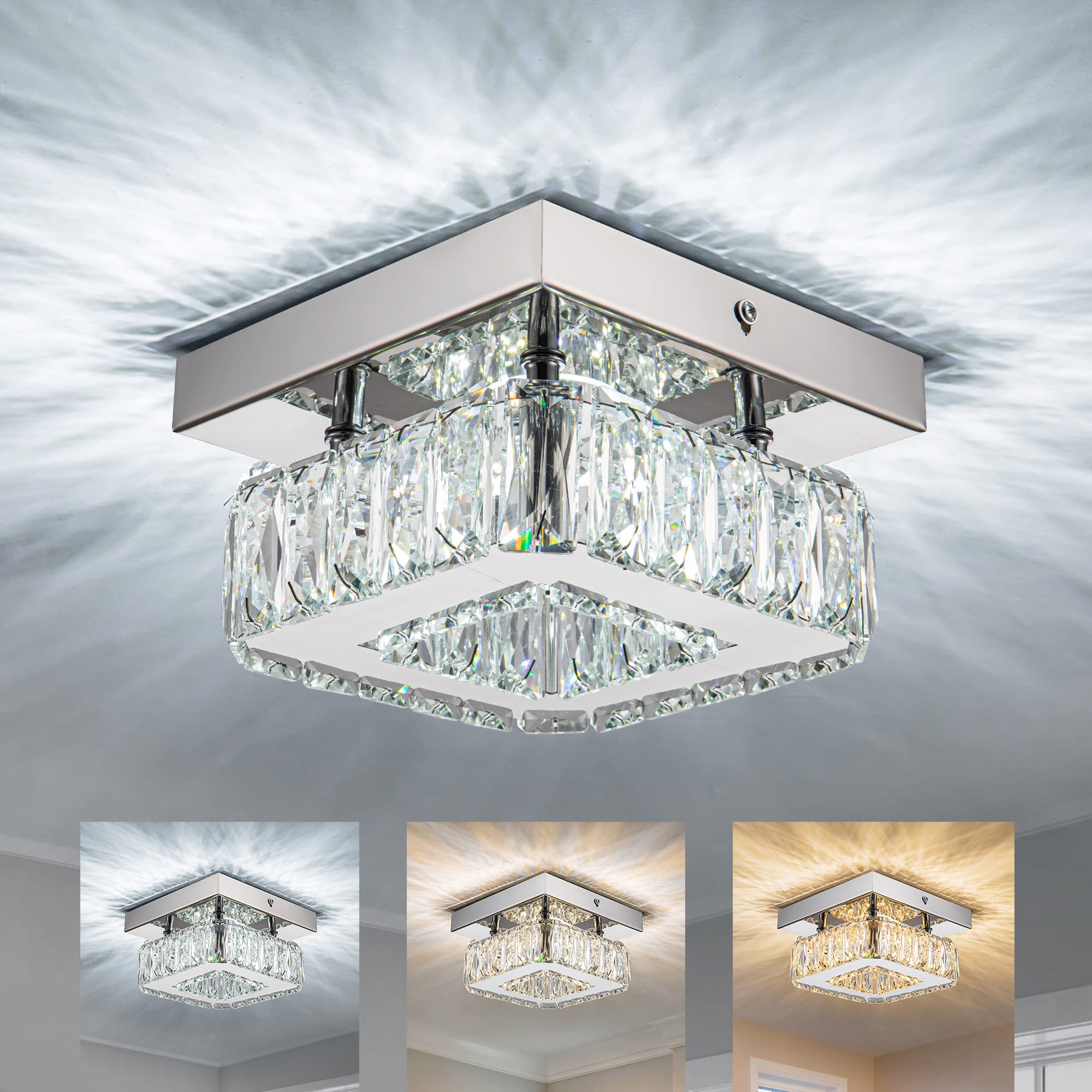 Homlaiting Mini Modern Crystal Chandelier, 3-Light Led Flush Mount For Hallway, Bedroom, Kitchen
