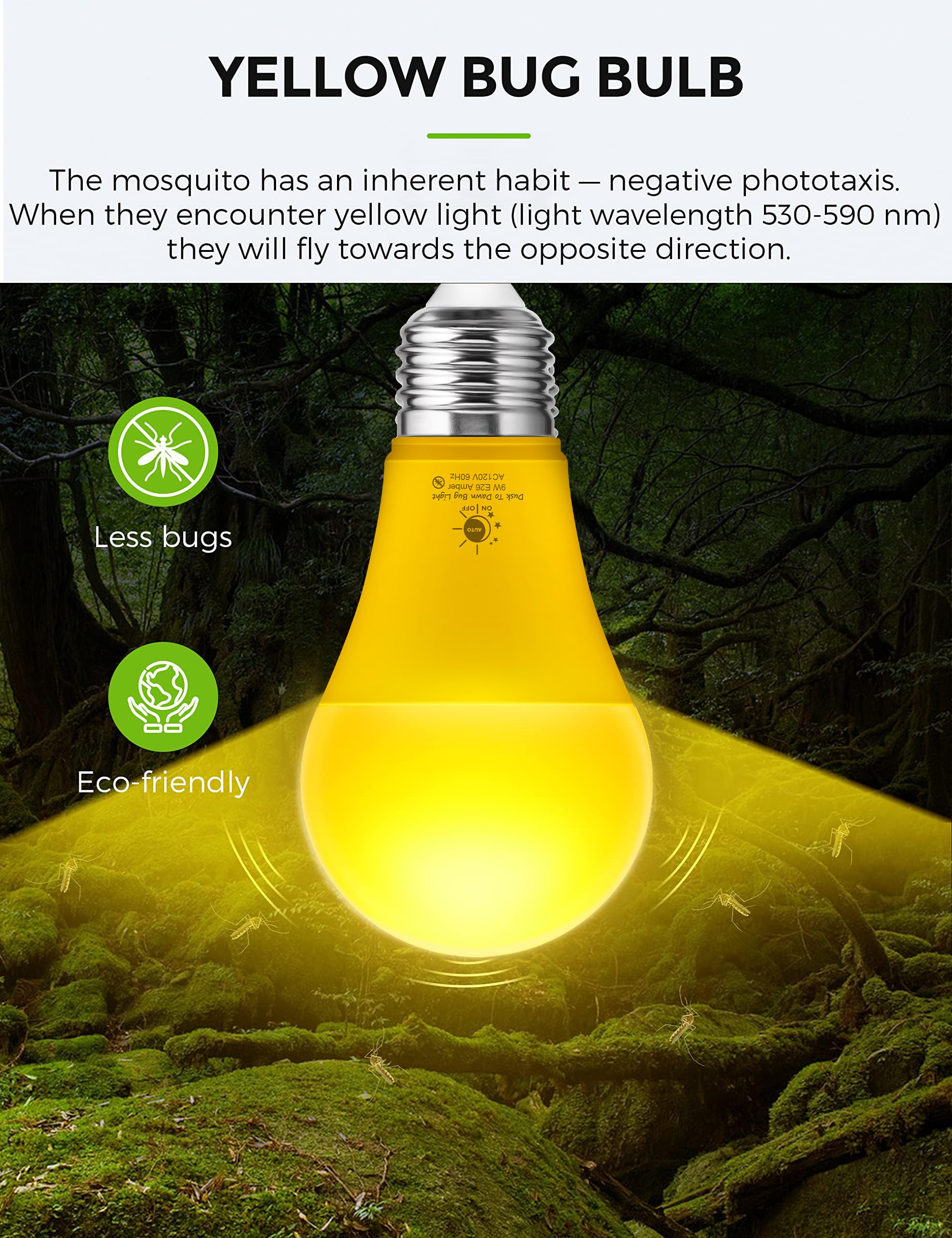 L LOHAS Yellow LED Bug Light Bulbs, A19 9W Auto On/Off, 2000K Amber, E26 Base, 2 Pack