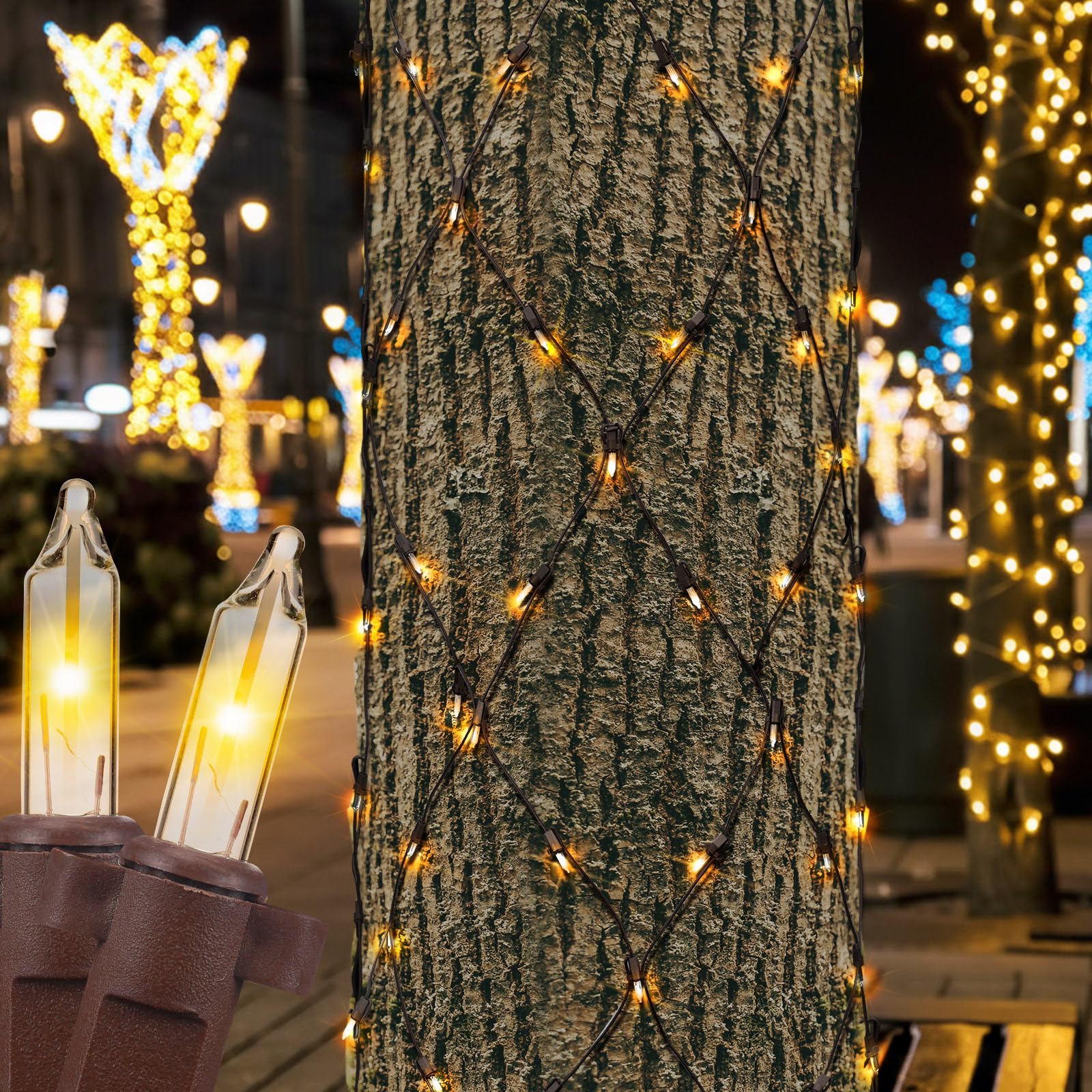VIHOSE 1 Pcs Outdoor Trunk Lights 2 x 6 ft Mini Warm White Bulbs Net Christmas Tree Wrap String Lights Brown Wire Waterproof for