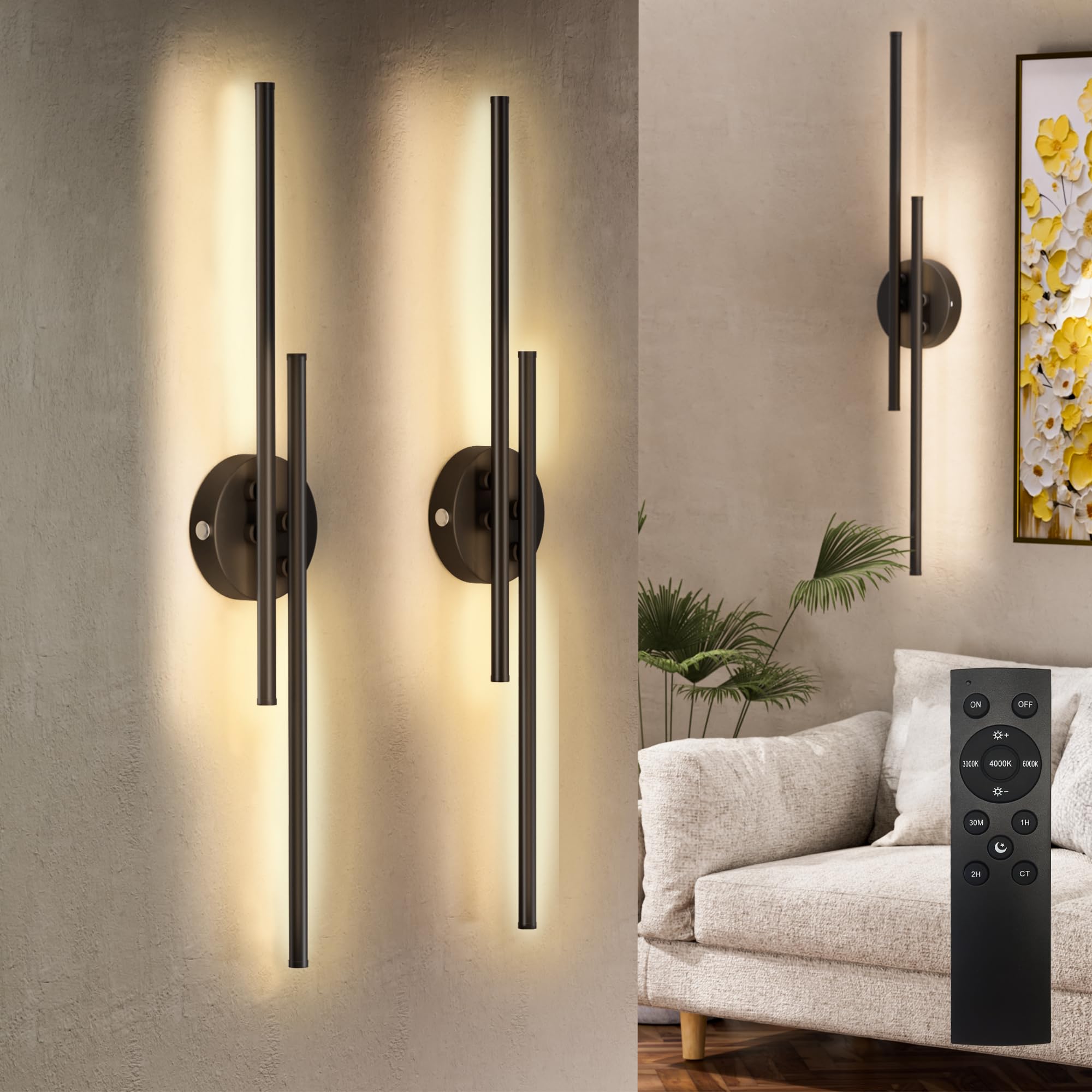 Floisdace Wall Sconce Set of Two, 8000mAh Battery Operated, Dimmable LED, 3 Colors 3000K-6000K, Wireless, Black, Model