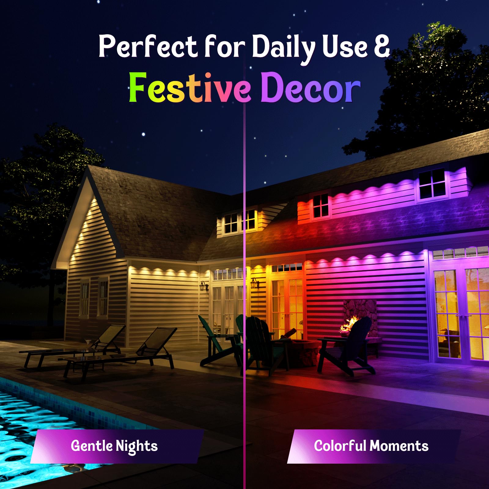 HUTAKUZE Outdoor Lights, 200FT, 120 RGB LEDs, IP67 Waterproof, 48 Scene Modes, Remote Control, Multicolor, Model C5109