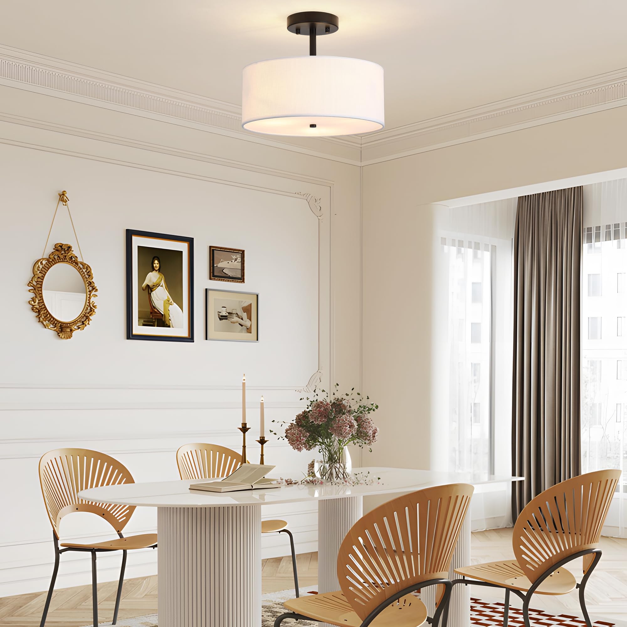 Febeleven 3-Light Semi Flush Mount Ceiling Light Modern Black Drum Light Fixtures With White Fabric Cover Shade Round Chandelier