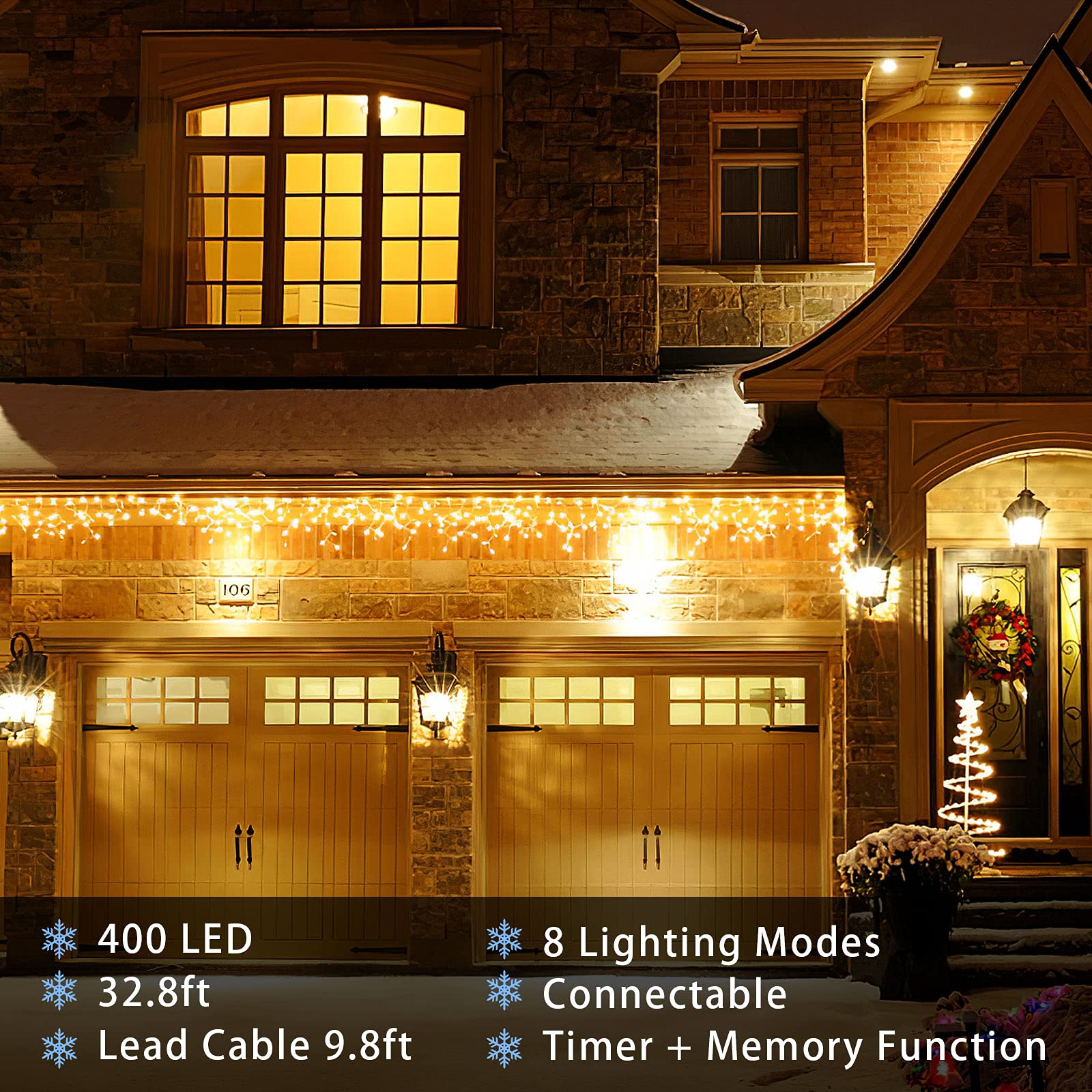 32.8Ft 400 Led Icicle String Lights, 8 Modes Waterproof Icicle Christmas Lights Outdoor With Memory Function, Curtain Fairy Ligh