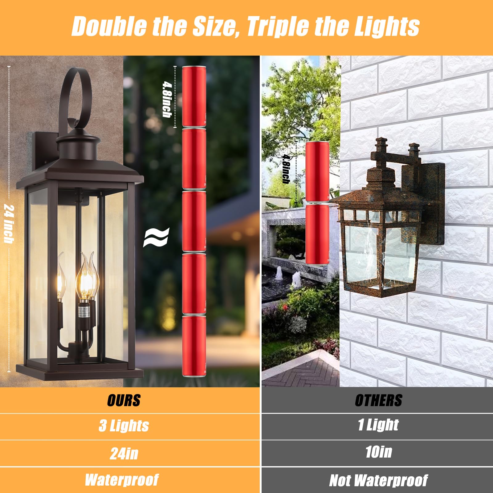 Siafavoi 24 Outdoor Lighting Fixture- Bronze 3-Light Exterior Lighting Fixture Waterproof Modern Porch Sconce  Outside Lantern For House Garage Patio E12 Base