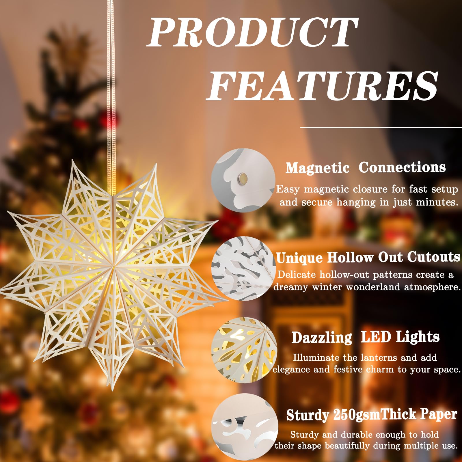 OuMuaMua 10 Pcs Christmas Paper Snowflake Lanterns - Large White Star Lanterns with LED Lights for Holiday Party Decorations
