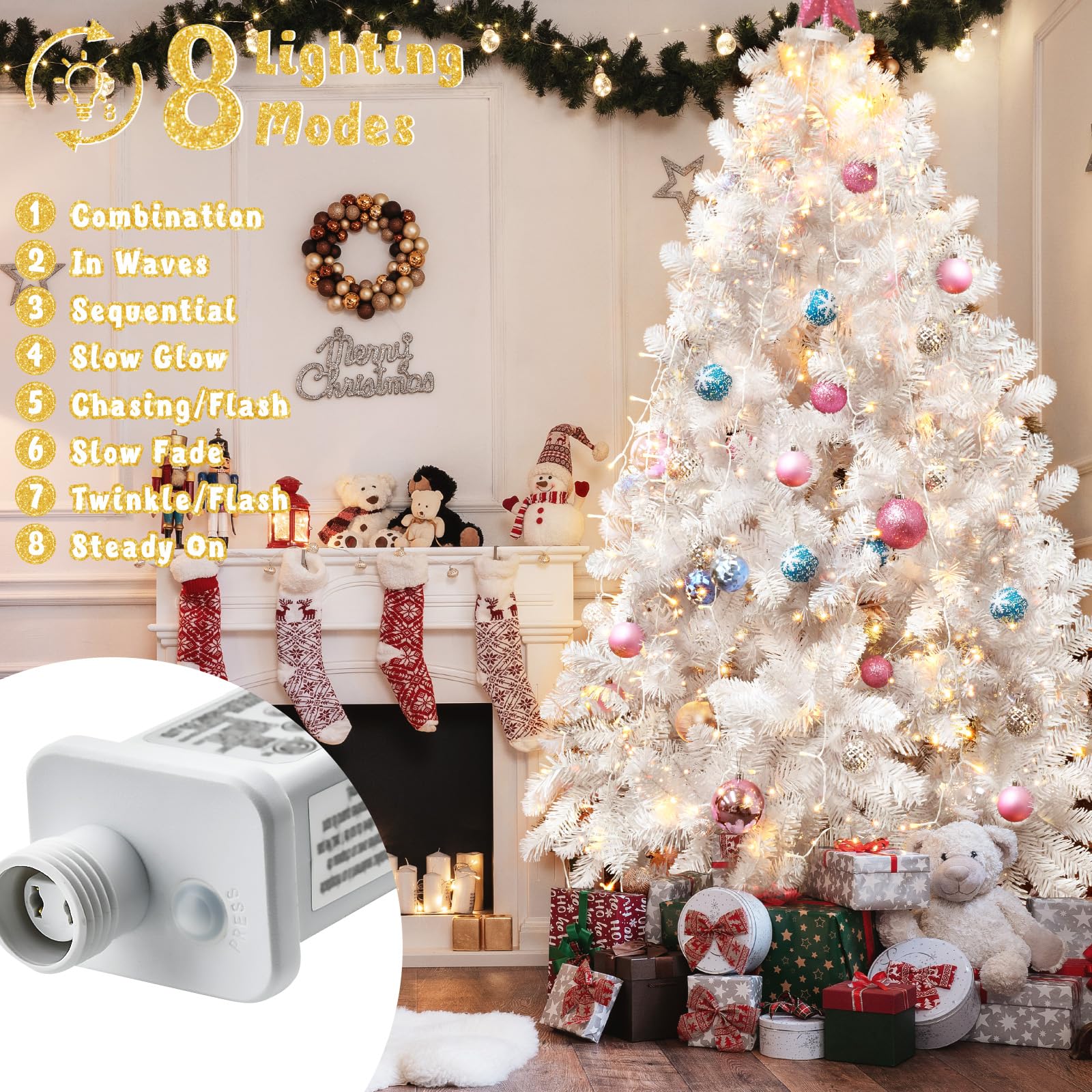 BOLWEO 400LED Christmas Tree Lights, 8 Modes, 16 Lines, Warm White, 6ft-7ft, UL Certified, Indoor/Outdoor Decorations