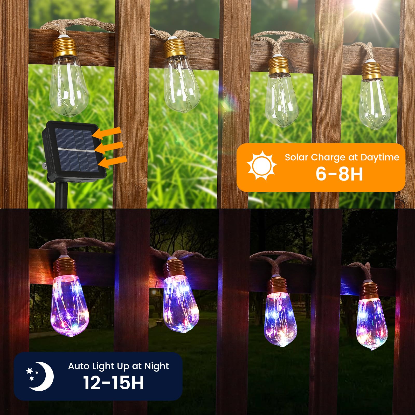 Solar Outdoor String Lights 24Ft Vintage Rope Hemp Solar Lights With 20 Shatterproof Bulbs,8 Modes Solar Powered String Lights With Memory Function, Waterproof For Garden,Camping,Café(Multicolor)