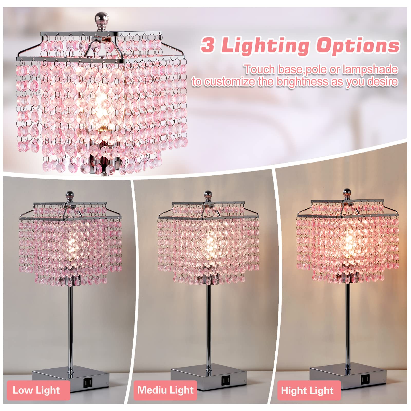 Luvkczc Set Of 2 Bedside Pink Crystal Table Lamp, Touch Control 3-Way Dimmable Lamp With Crystal Shade For Bedroom, Girl Living