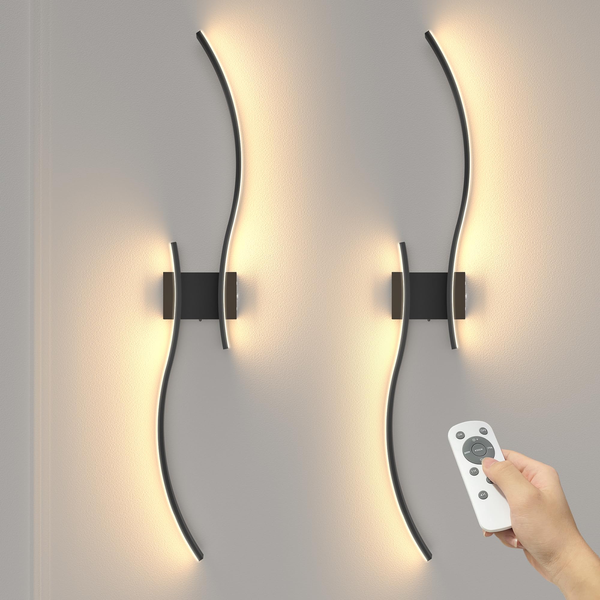 NIORSUN 39.4 Inch Battery Operated Wall Sconce Set of 2  Black Modern Rechargeable Wall Lights with Remote  3CCT Dimmable Wireless Wall Lamp for Living Room Bedroom Hallway