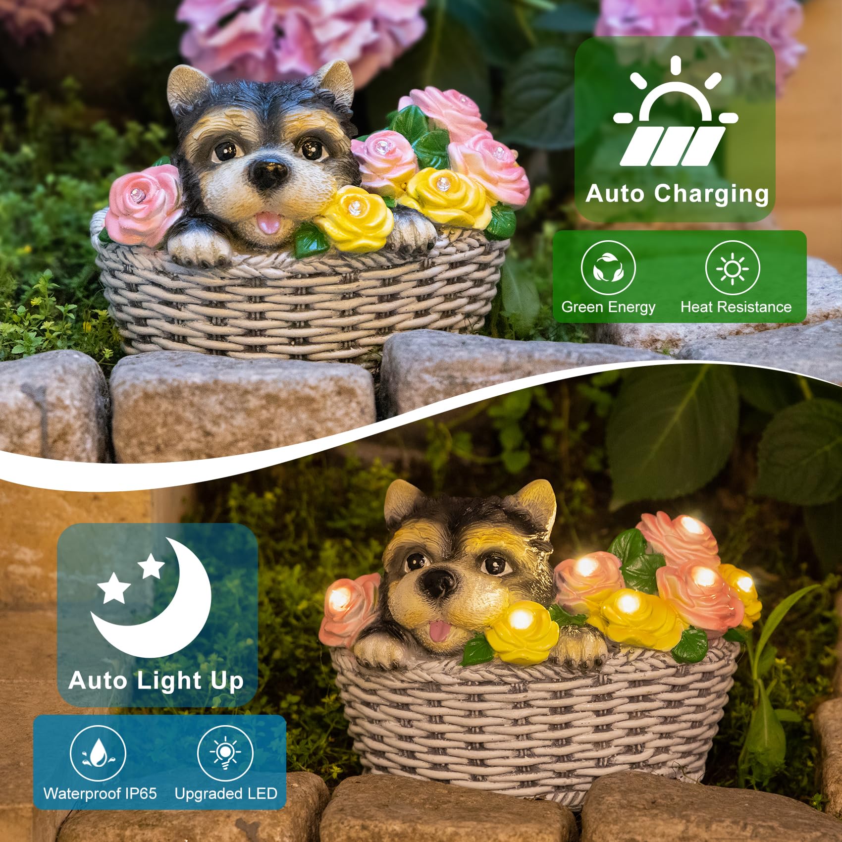 HOMEIMPRO Solar Garden Decor Statues, 8LED Lights, Resin, Multicolor Dog Design, Model DOG0024