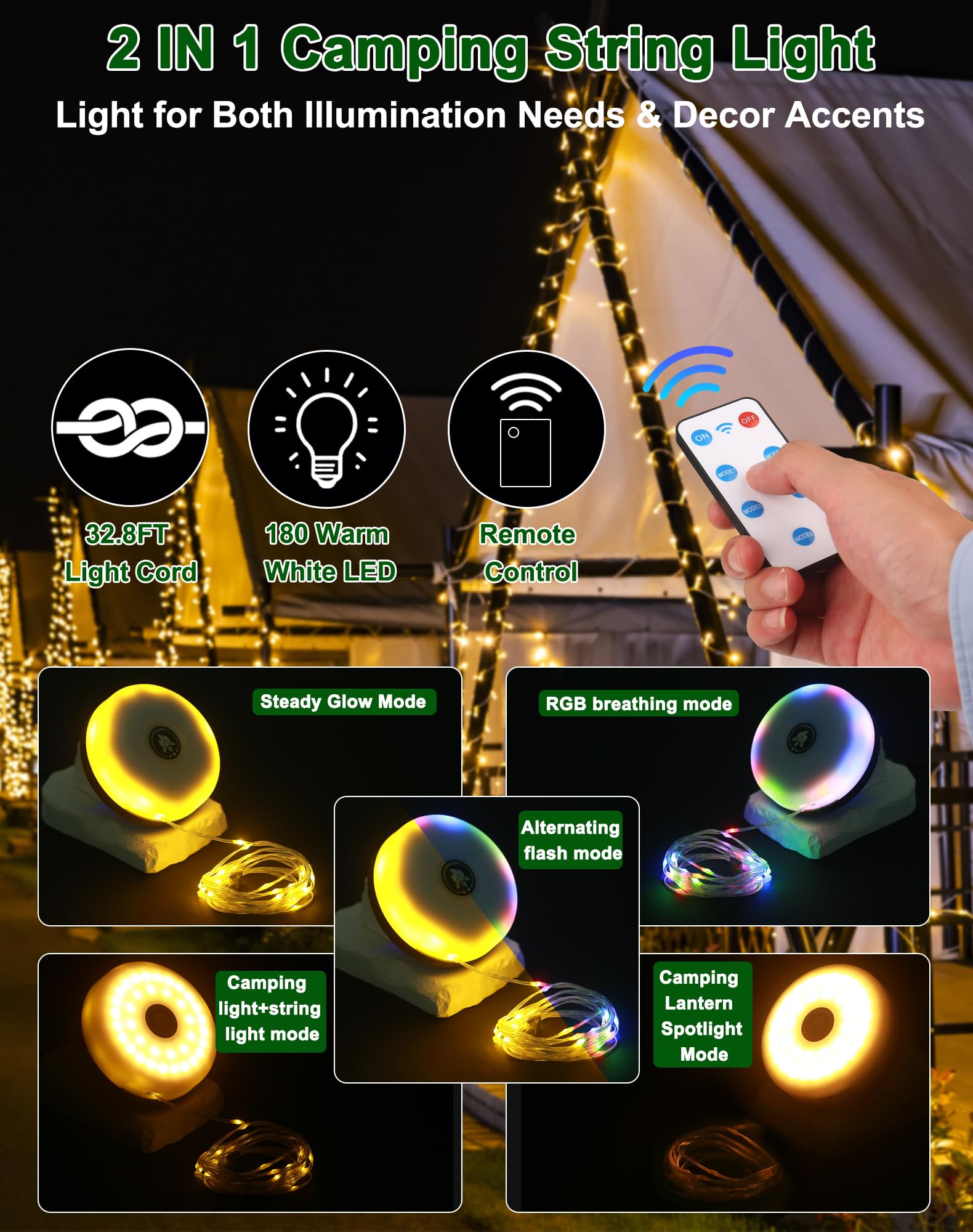 Toiysyy Solar String Lights, 32.8FT Waterproof Fairy Lights, 5 Modes, USB Rechargeable, Portable Green Tent Lights, Model MH-0518