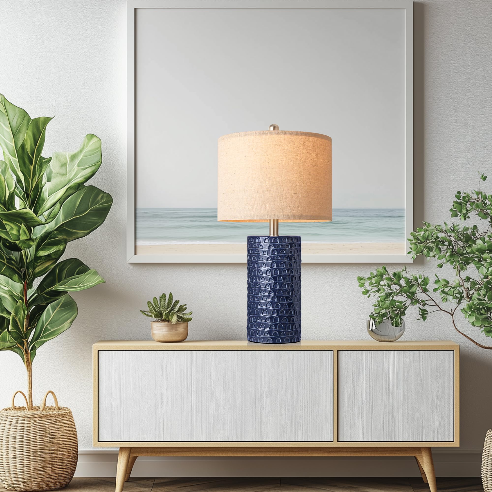 PARTPHONER Ceramic Table Lamp Set of 2, 23" Rustic Farmhouse Design, Navy Blue for Living Room & Bedroom Decor