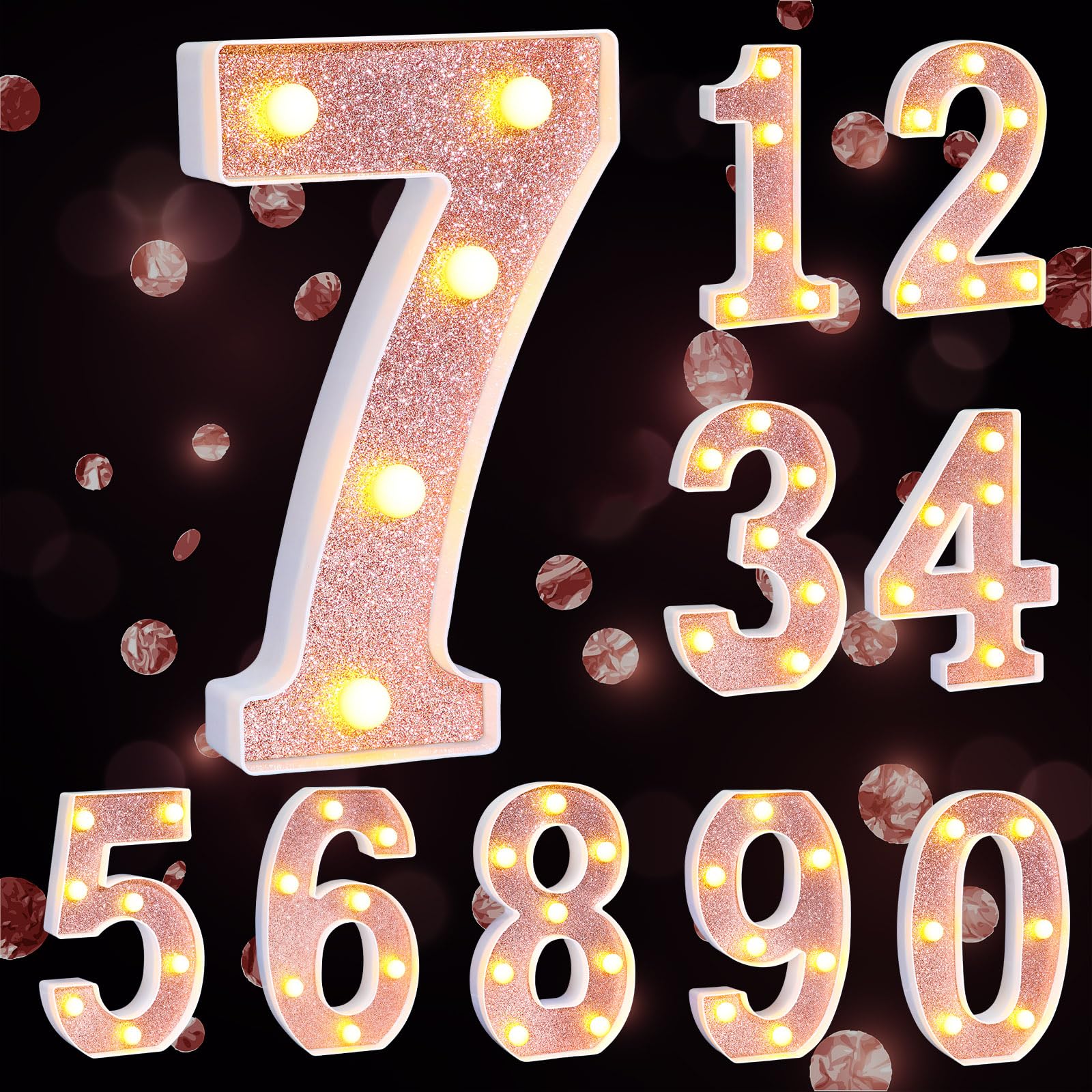 Treela 8.7 Birthday Decorative Led Light Up Numbers  Glitter Marquee Number Sign For Night Birthday Party Decorations Anniversary Bar Led Sign Backdrop Wall Table Centerpieces(Number 7 Rose Gold)
