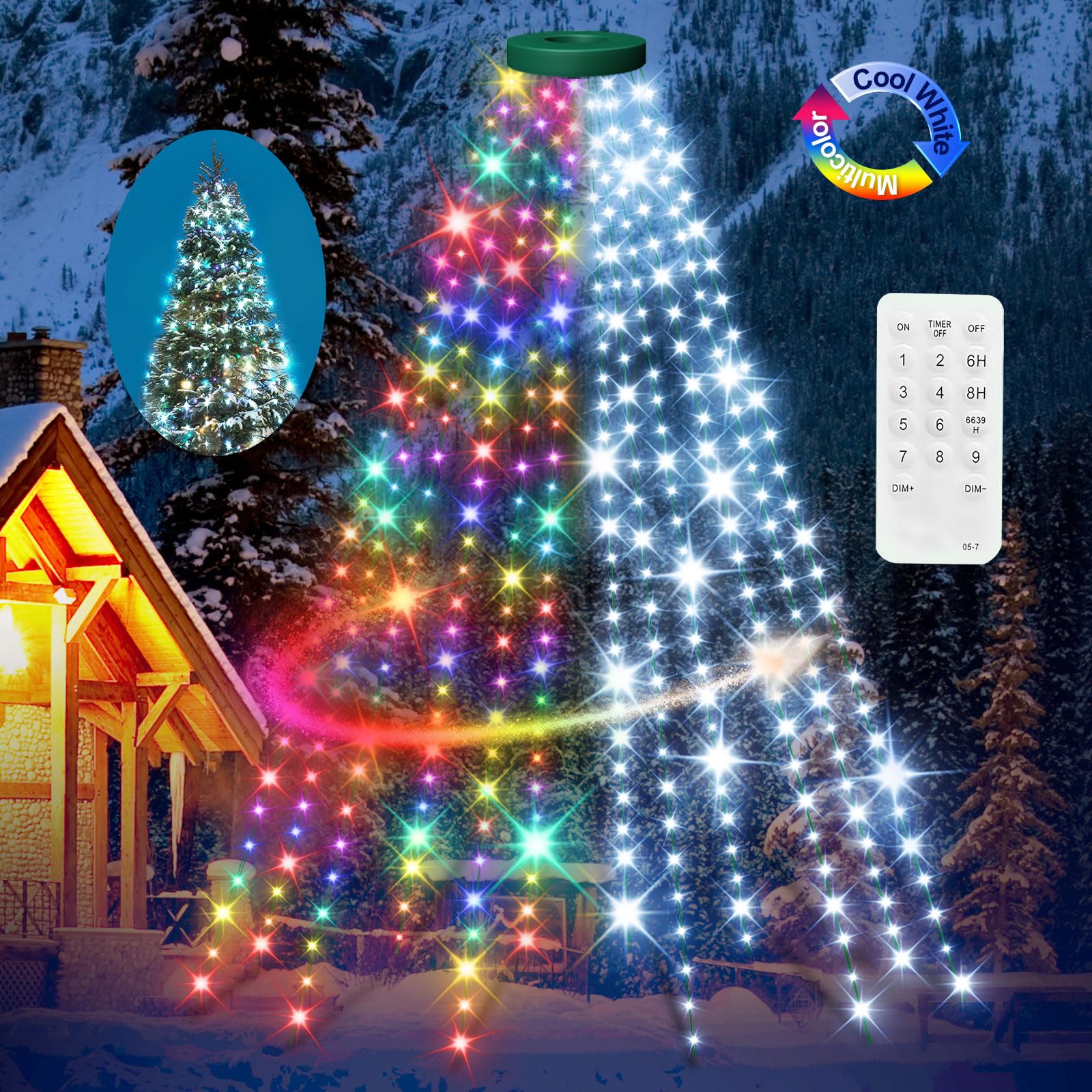 12 Modes Easy Christmas Tree Lights With Ring Indoor Outdoor - 8.2Ft X 12 Lines String 348 Led Timer Dimmable Remote Waterproof Lights For 7.5 8 9 10 Ft Xmas Tree Decor (Cool White Or Multicolor)