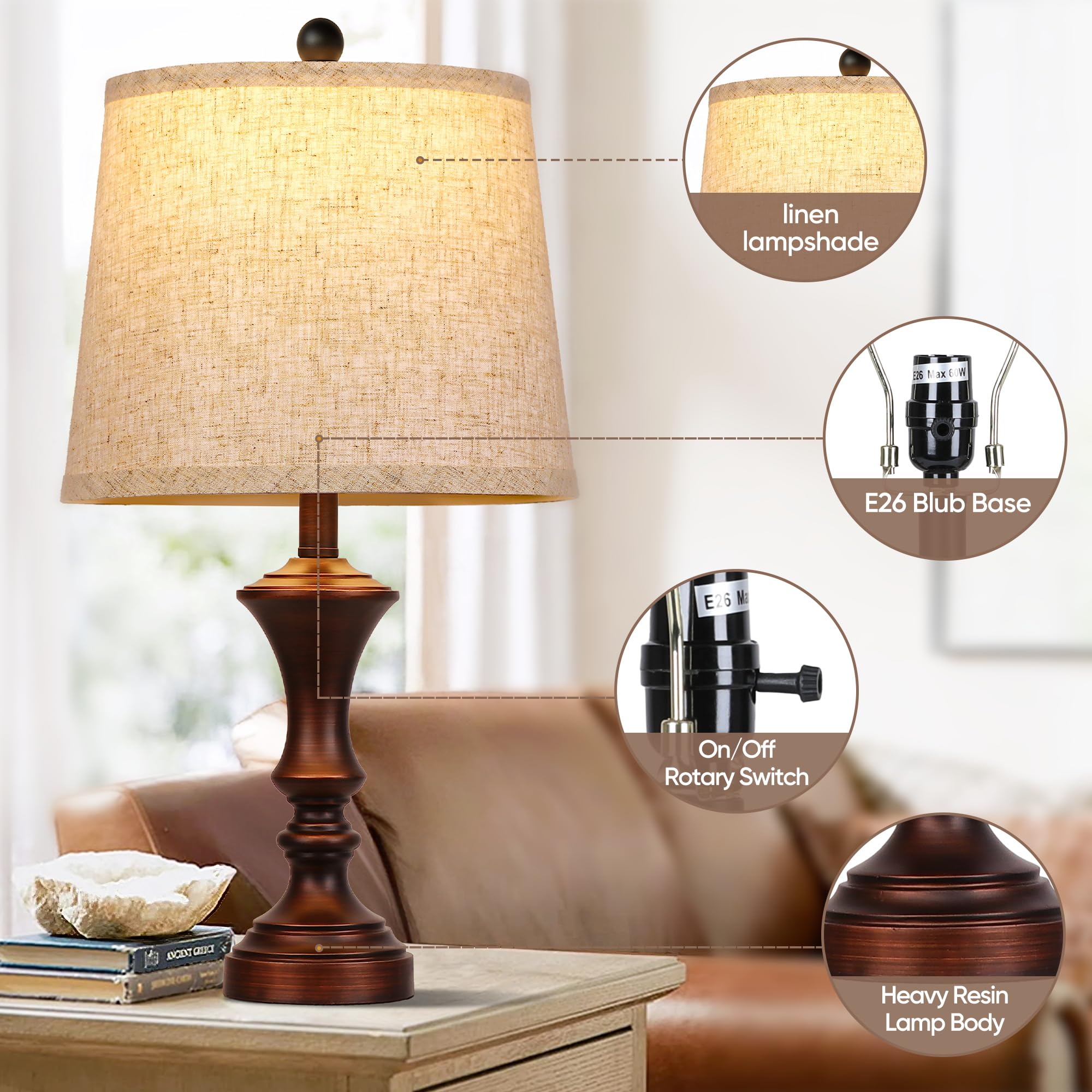 ROTTOGOON Retro Table Lamps Set of 2 Vintage Rustic Nightstand Lamps Brown Model ROLP406AZ2