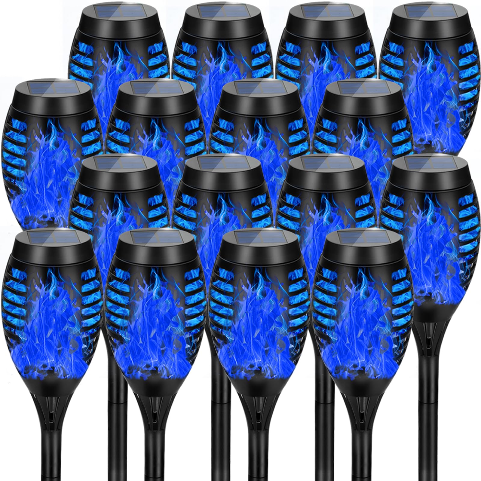 AOUNQ Solar Torch Lights, 16 Pack Blue Waterproof Outdoor Flickering Flame Decor, Plastic, Model 736961377713