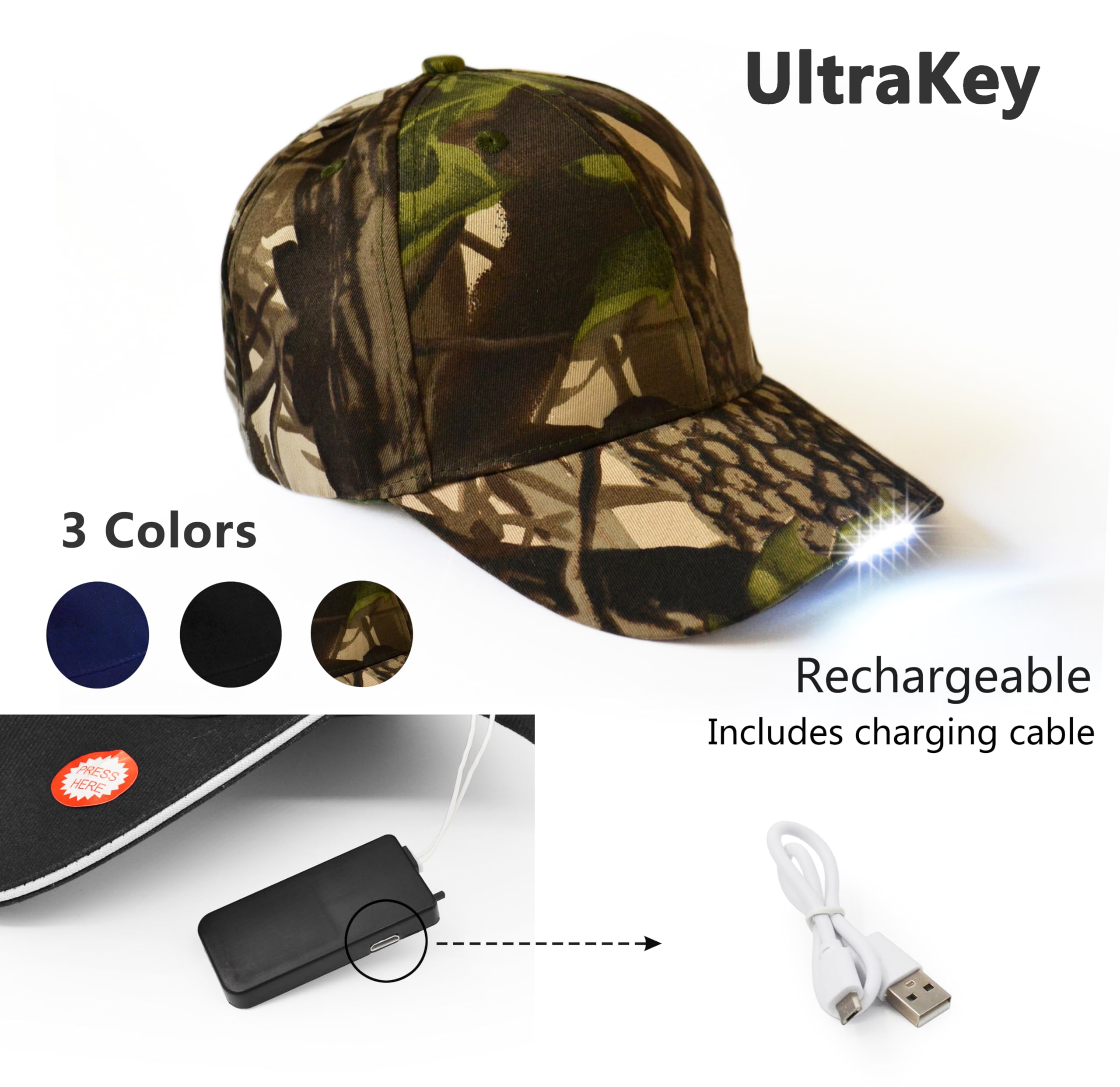Ultrakey Rechargeable Led Baseball Cap - Camouflage, One Size, Perfect For Outdoor Parties