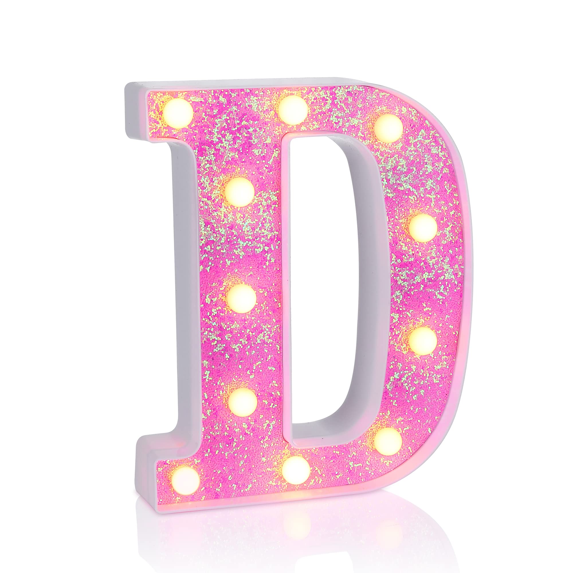 Foaky LED Letter Lights Sign - Pink Glitter Alphabet Night Light for Parties, Battery Powered, Home Bar Decoration, Color D