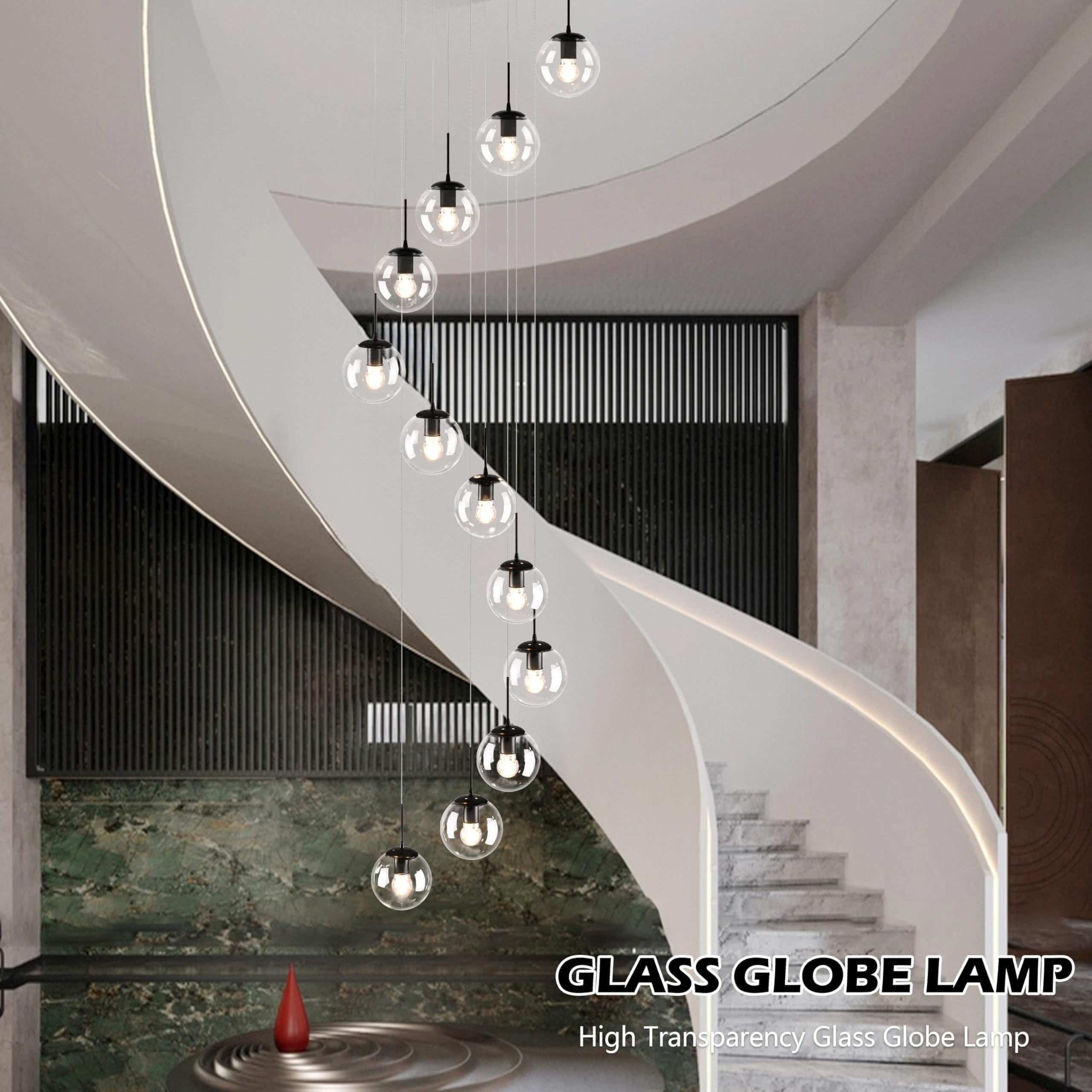 Koko&Yukina 12-Light Black Mid Century Modern Chandelier For Living Room Staircase Chandelier For Entryway Clear Globe Glass Cha