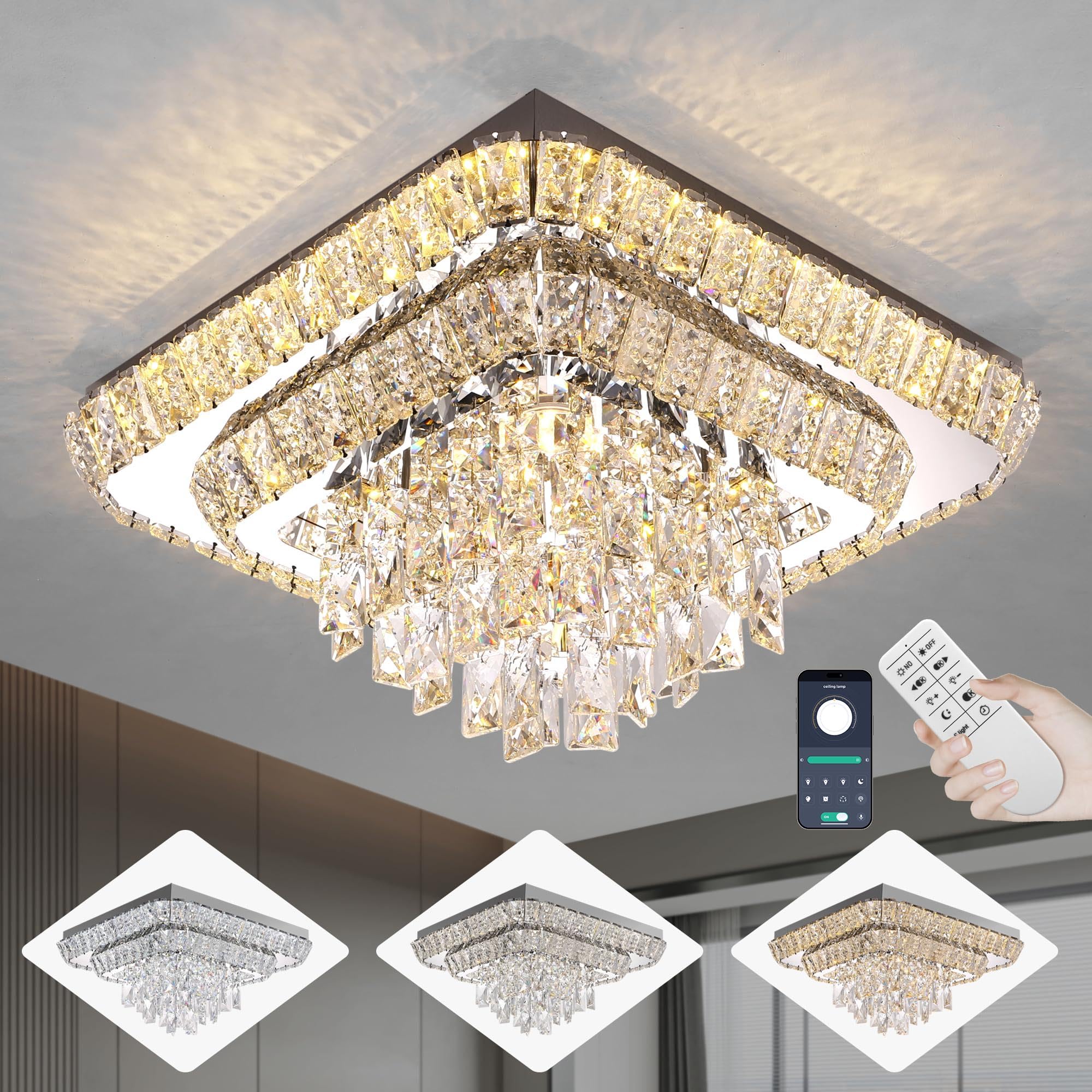 Miuyhji Elegant LED Crystal Raindrop Ceiling Light 18in Square Flush Mount Chandelier with Remote for Living Room Kitchen Island Bedroom Hallway Entryway Foyer (Dimmable)