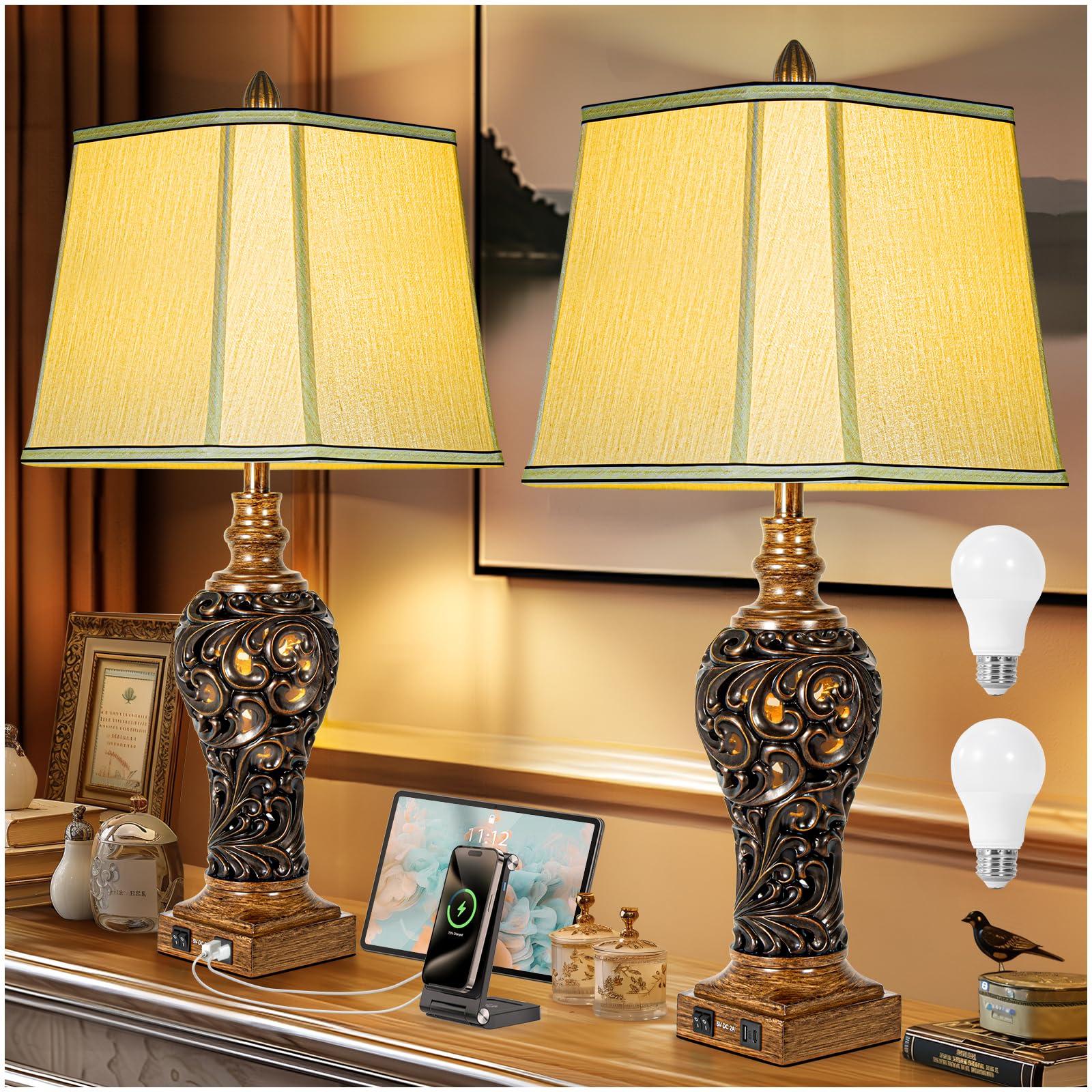 32'' Tall Rustic Vintage Table Lamps Set of 2 with Night Lights - Bedside Lamp with Faux Silk Shades for Bedroom and Living Room