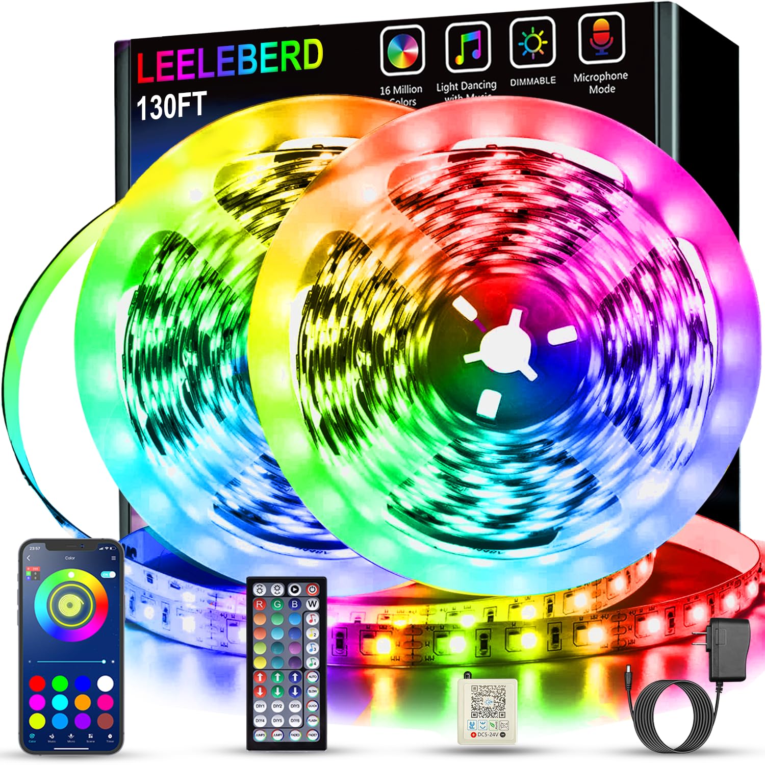 130 Ft Led Lights For Bedroom,(2 Rolls Of 65Ft) Bluetooth Smart App Control Color Changing Rgb Led Strip Lights With Remote Cont