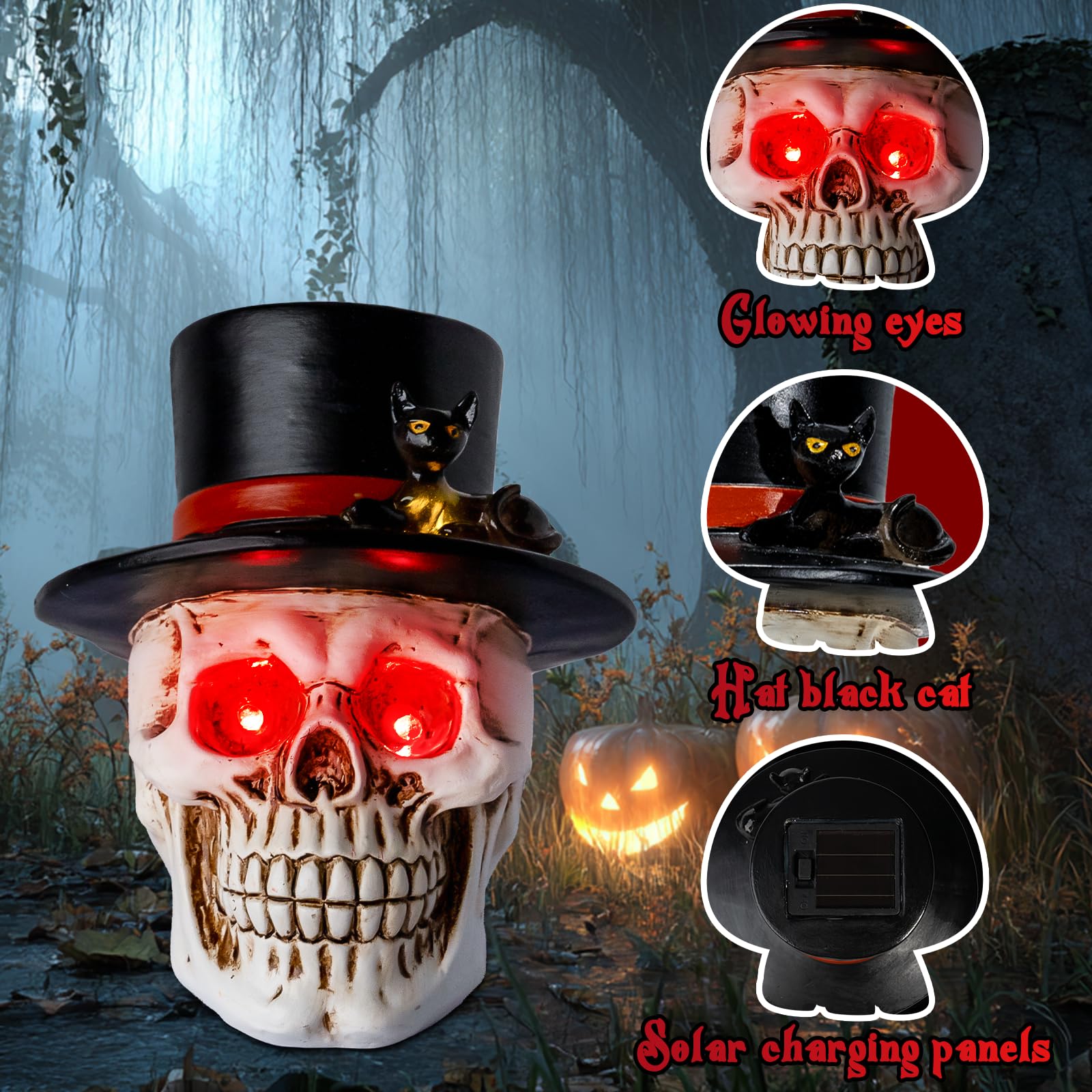 Pohabery Halloween Skull Decorations - Medium Solar Light with Spooky Red Eyes, Resin Figurine, Black Cat for Yard & Garden