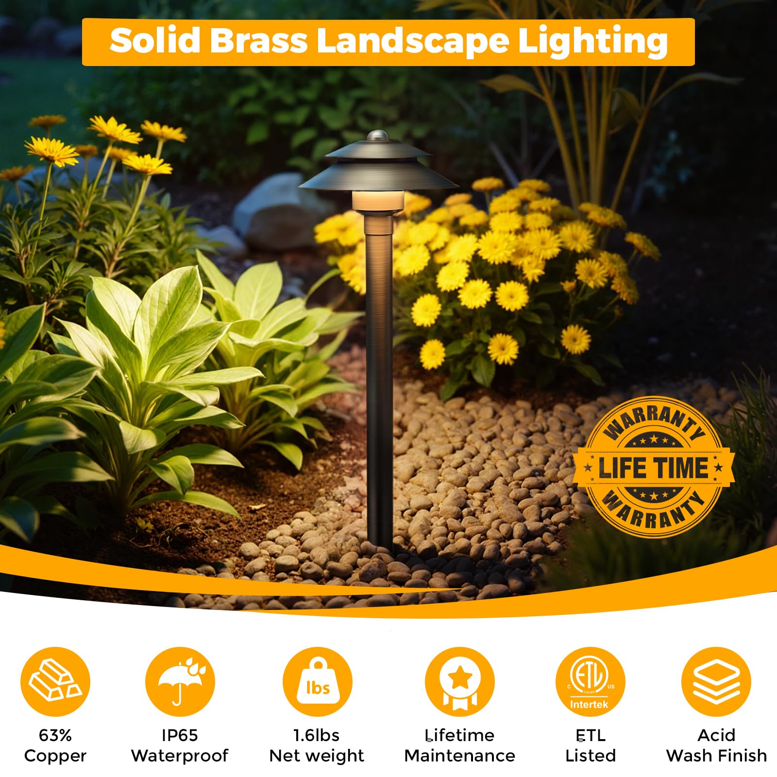 Gardencoin Solid Brass Low Voltage Landscape Pathway Lights (6 Shade  19 Tall)  12V Led Heavy Duty Path Lighting Outdoor Wired  Waterproof Antique Bronze Walkway Light Without G4 Bulb  4 Pack