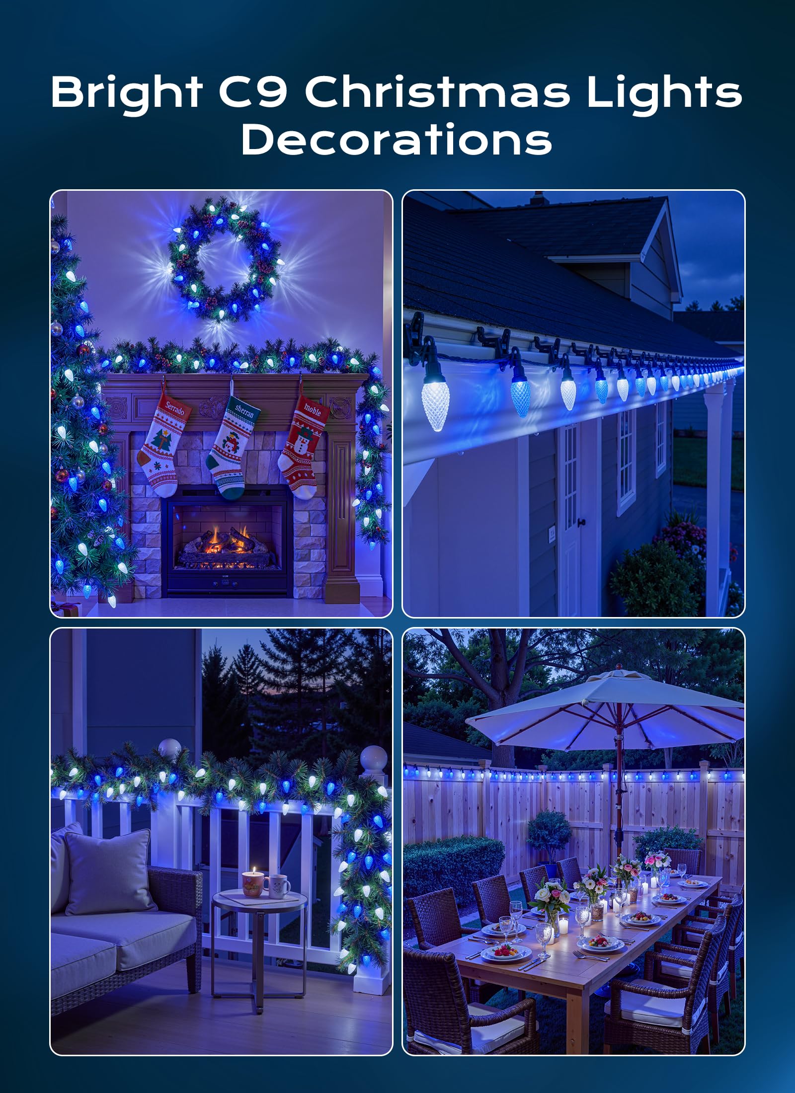 C9 Christmas Lights Outdoor  66 Ft 100 Led Connectable C9 String Lights With 8 Modes And Timer Xmas Tree Patio Roofline Garden Yard Holiday Party Indoor Outdoor Decoration  Blue And White