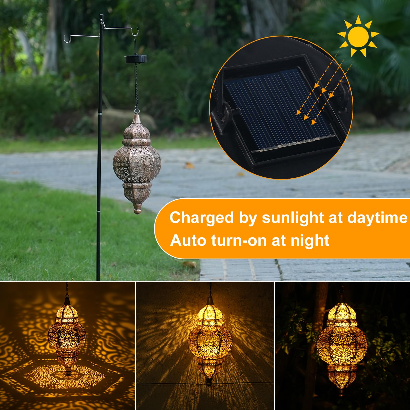 Enskatec 2 Pack Brown Waterproof Metal Moroccan Solar Lanterns for Outdoor Patio, Yard, Garden, and Front Porch Decor