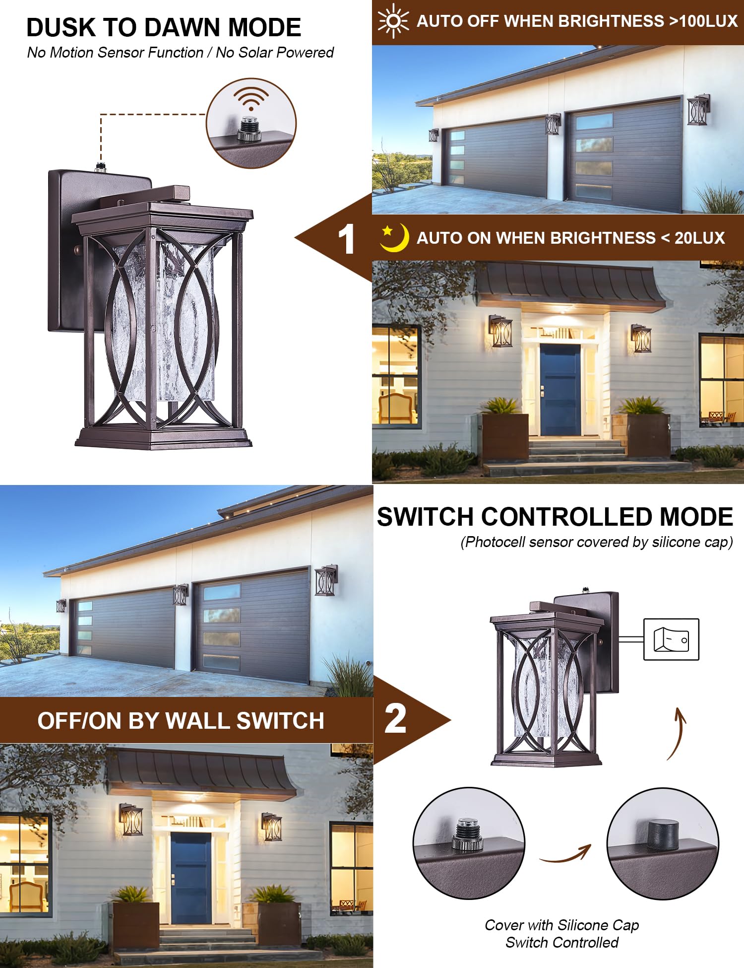 Oil Rubbed Bronze Porch Light Dusk To Dawn Outdoor Wall Lantern Small Modern Exterior Light Fixture Aluminum With Crack-Like Gla
