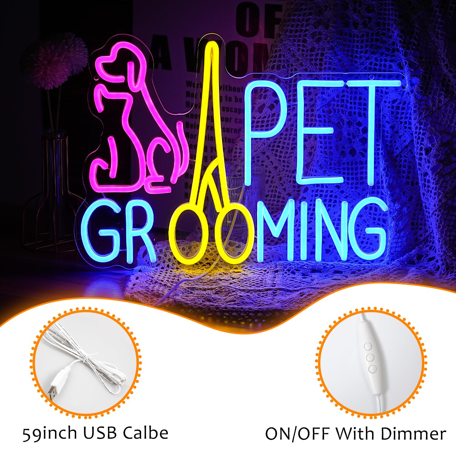 LISIGNVE Pet Grooming Neon Sign Dimmable LED Light 16.7inx12in Pink Acrylic for Wall Decor, USB Powered, Cat Dog Animal Gift