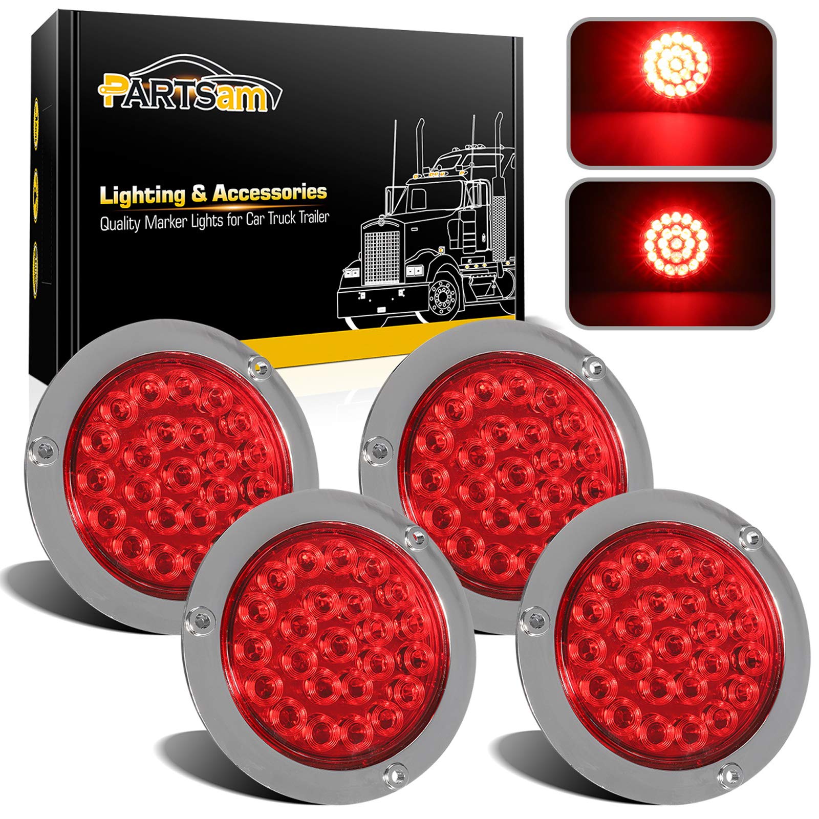 Partsam 4Pcs 4 Round Red LED Stop Turn Tail Lights Brake Trailer Lights 24LED  4 Inch Round Led Trailer Tail Lights Red Flange Mount Waterproof for RV Trucks 12V DC