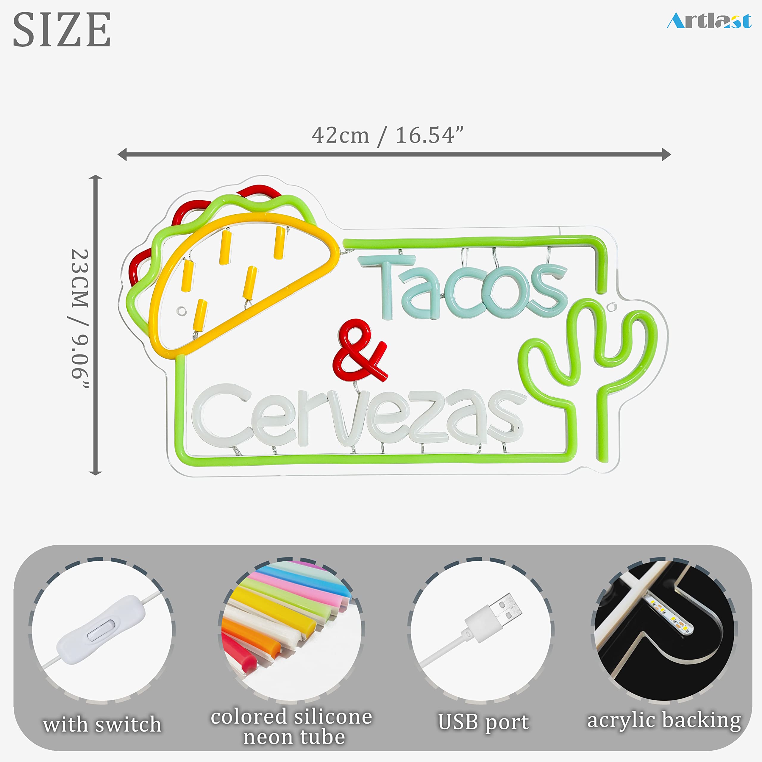 Artlast Tacos Neon Sign LED Light - Acrylic Decor for Taco Shop, Tacos & Cervezas Theme, Color: Tacos