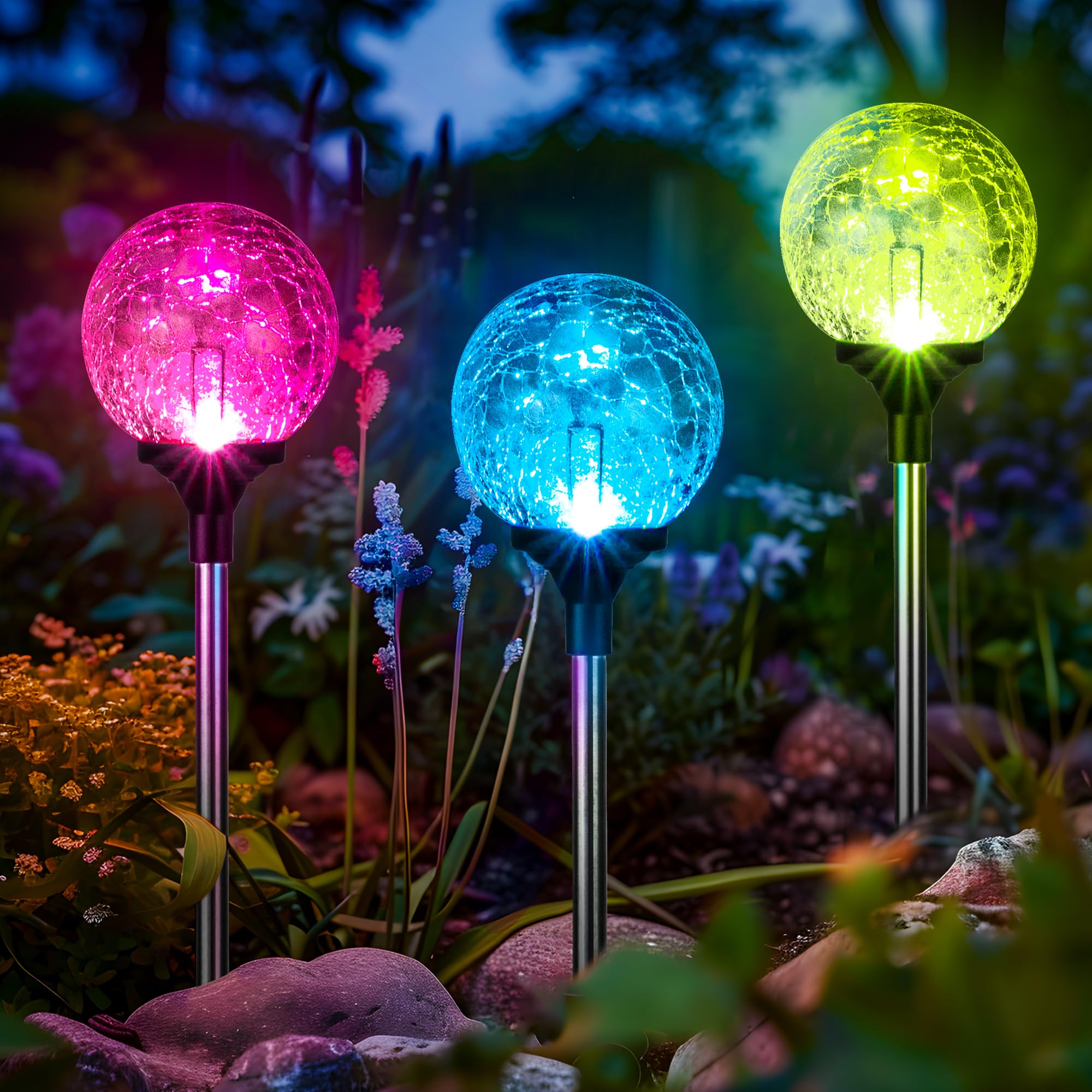 GIGALUMI Solar Garden Lights 3 Pack, Waterproof  ed Glass Ball, Multi-Colored LED, Silver, Model CLWX-XIN3