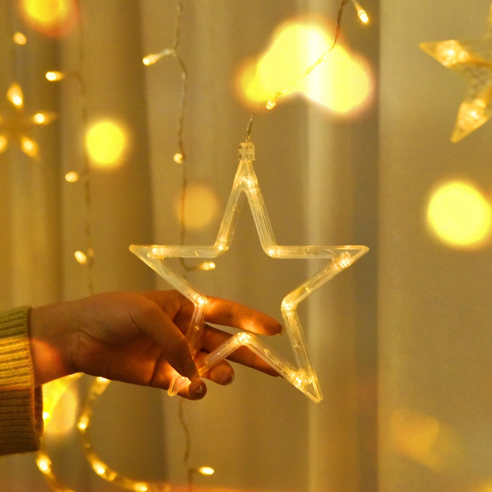 Xinxianlian 138 Led Ramadan Decorations Light Solar Moon Star Lights String Light Outdoor Waterproof Solar Powered Curtain Lights With 8 Modes Ramadan Hanging Decor For Patio (Warm White)