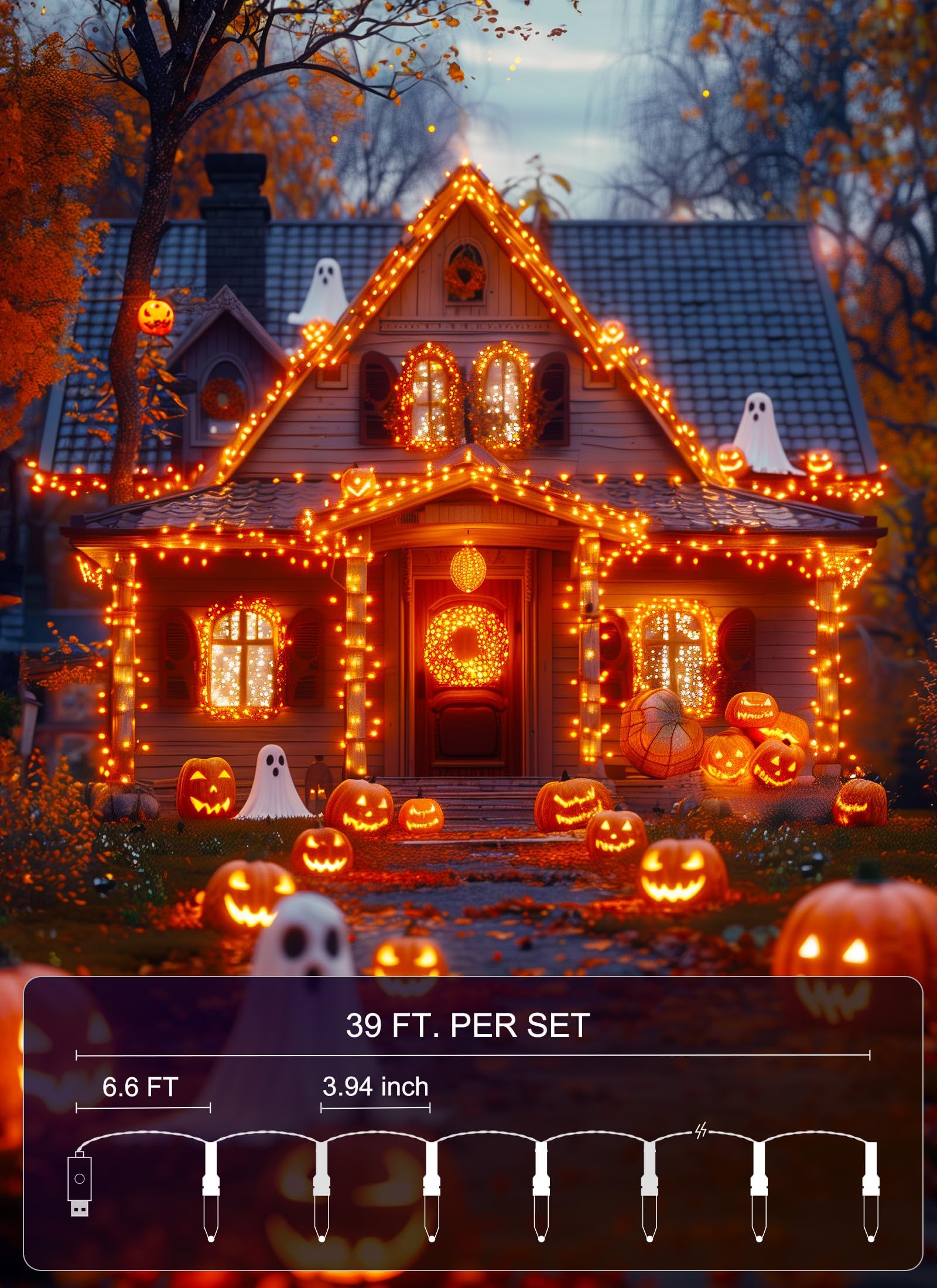 Minetom Halloween String Lights, 100 LED, 39 FT, Orange, USB Powered, 8 Modes, Indoor Decor for Holiday and Party
