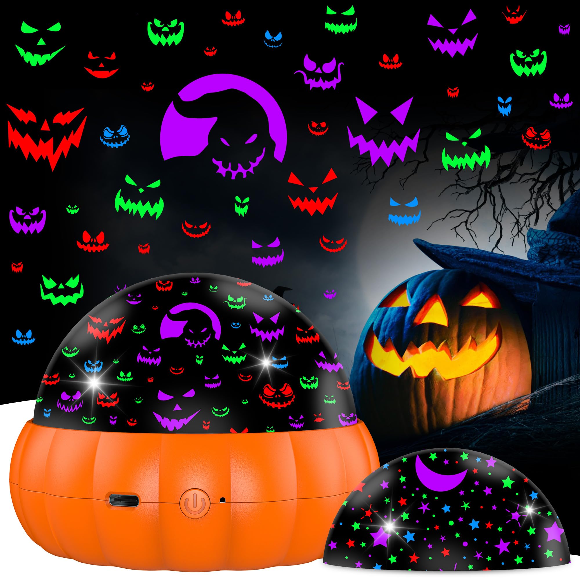 2 In 1 Halloween Projector Indoor, Pumpkin Star Projector Night Light For Kids, Jack O'Lantern Faces & Starry Theme, 15 Color Mode, 360 Degree Rotation Bedroom Party Decor Festival Gifts Boys Girls