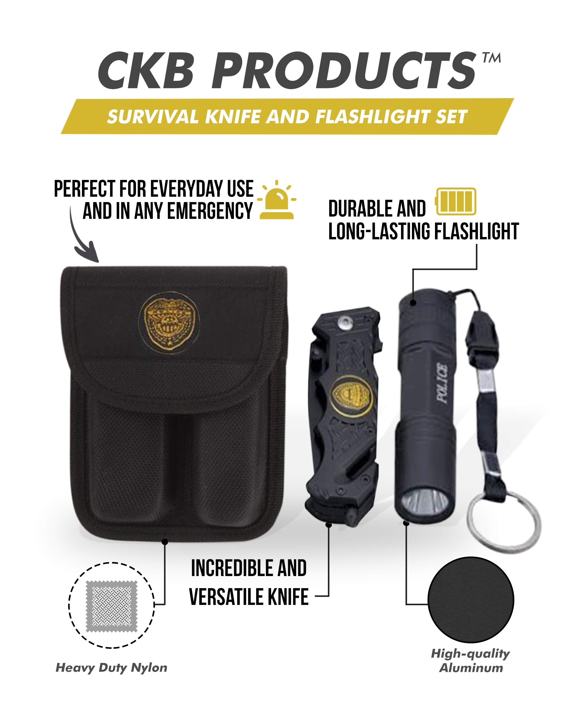 Barton Outdoor Survival Knife & Flashlight Set - 3.5 Blade, Seat Belt Cutter, Glass Breaker, Black Nylon Case, LED Light