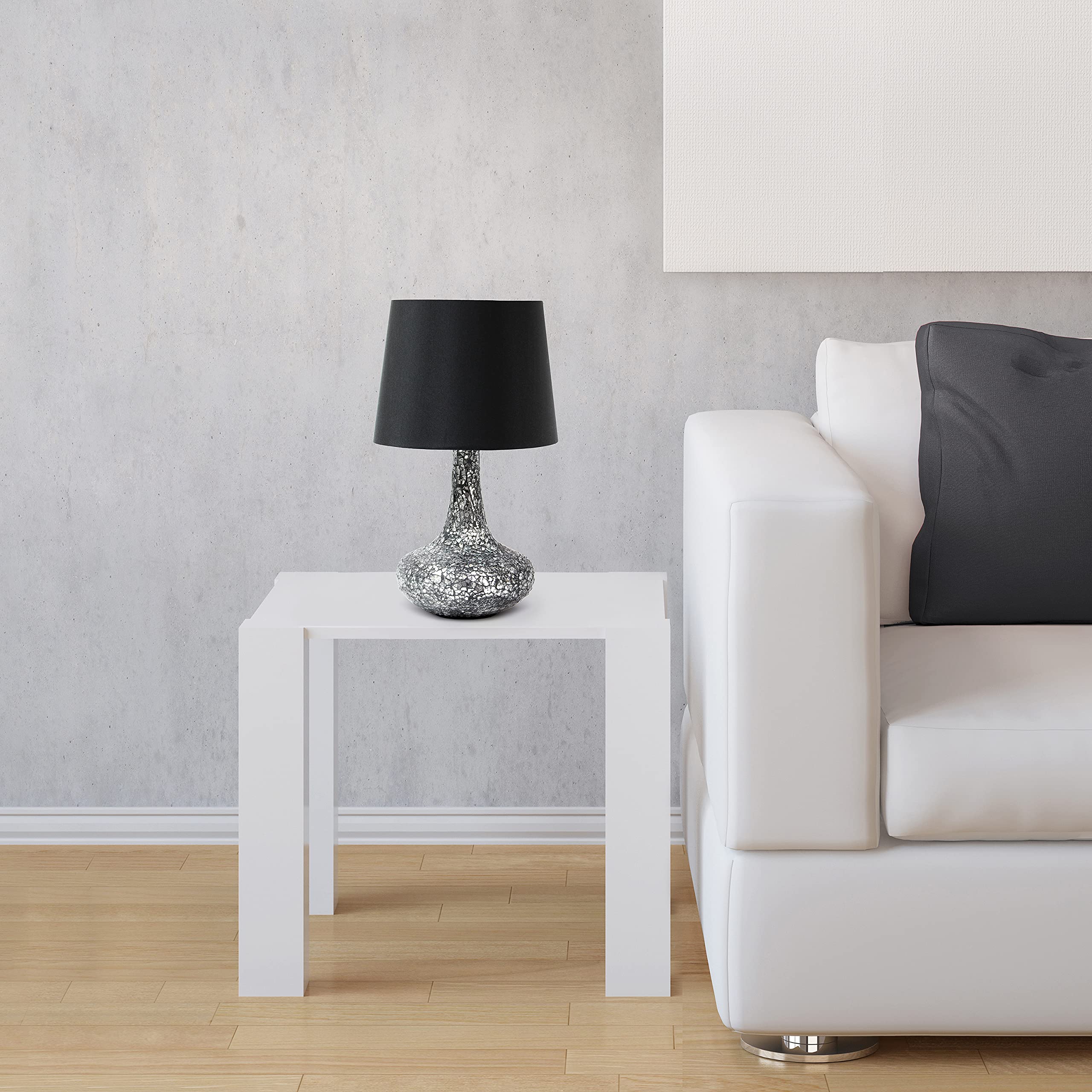 Simple Designs Lt3039-Blk 14.17” Contemporary Mosaic Tiled Glass Genie Standard Table Lamp With Matching Fabric Shade For Home Décor, Bedroom, Living Room, Foyer, Office, Black/Silver