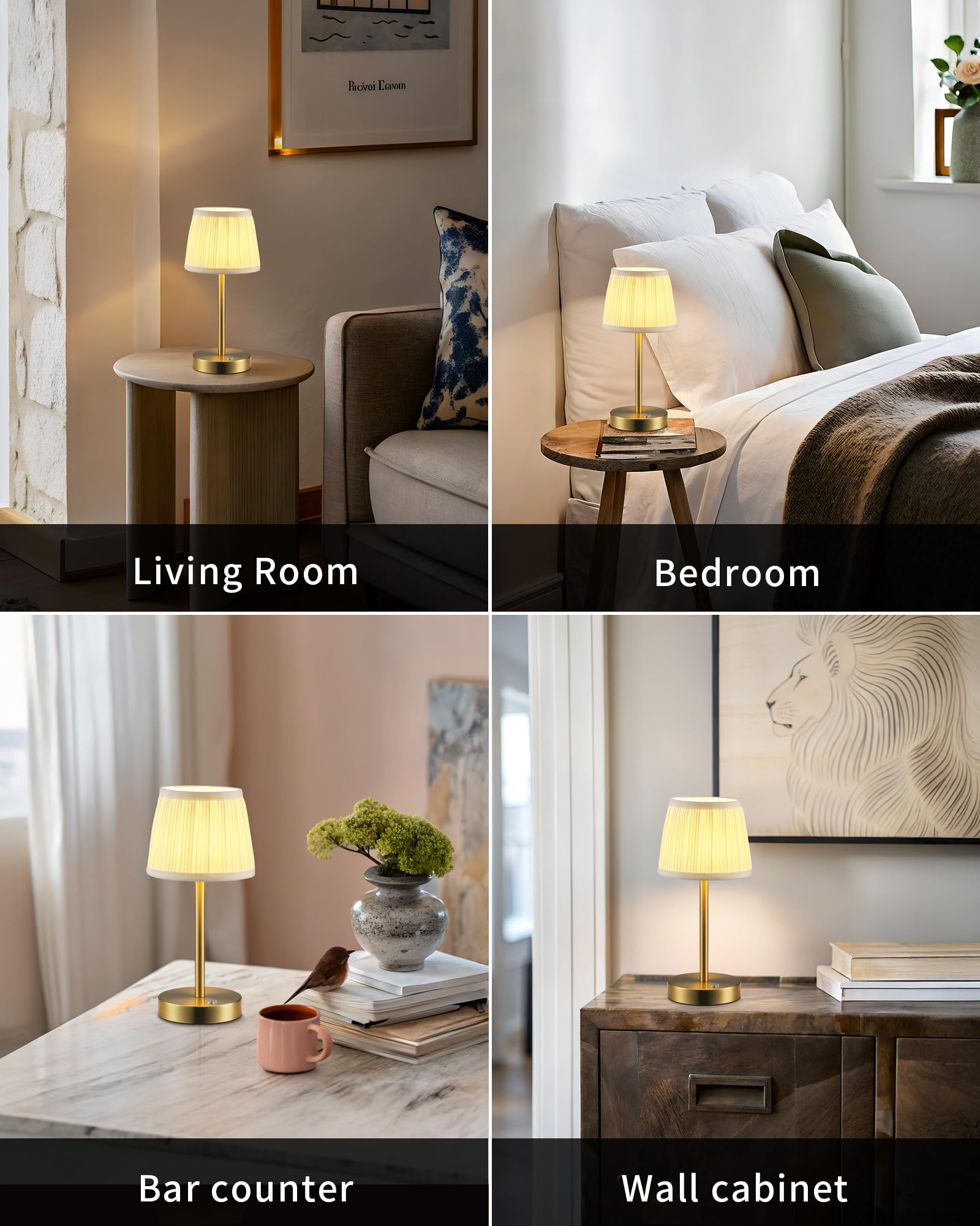 Pusu Cordless Led Gold Table Lamp  Rechargeable 4000Mah 3 Way Dimmable Bedside Small Lamp With Fabric Shade  Lighting For Bedroom  Kids Room  Bathroom  Kitchen  Home Decor  Gift  Night Light
