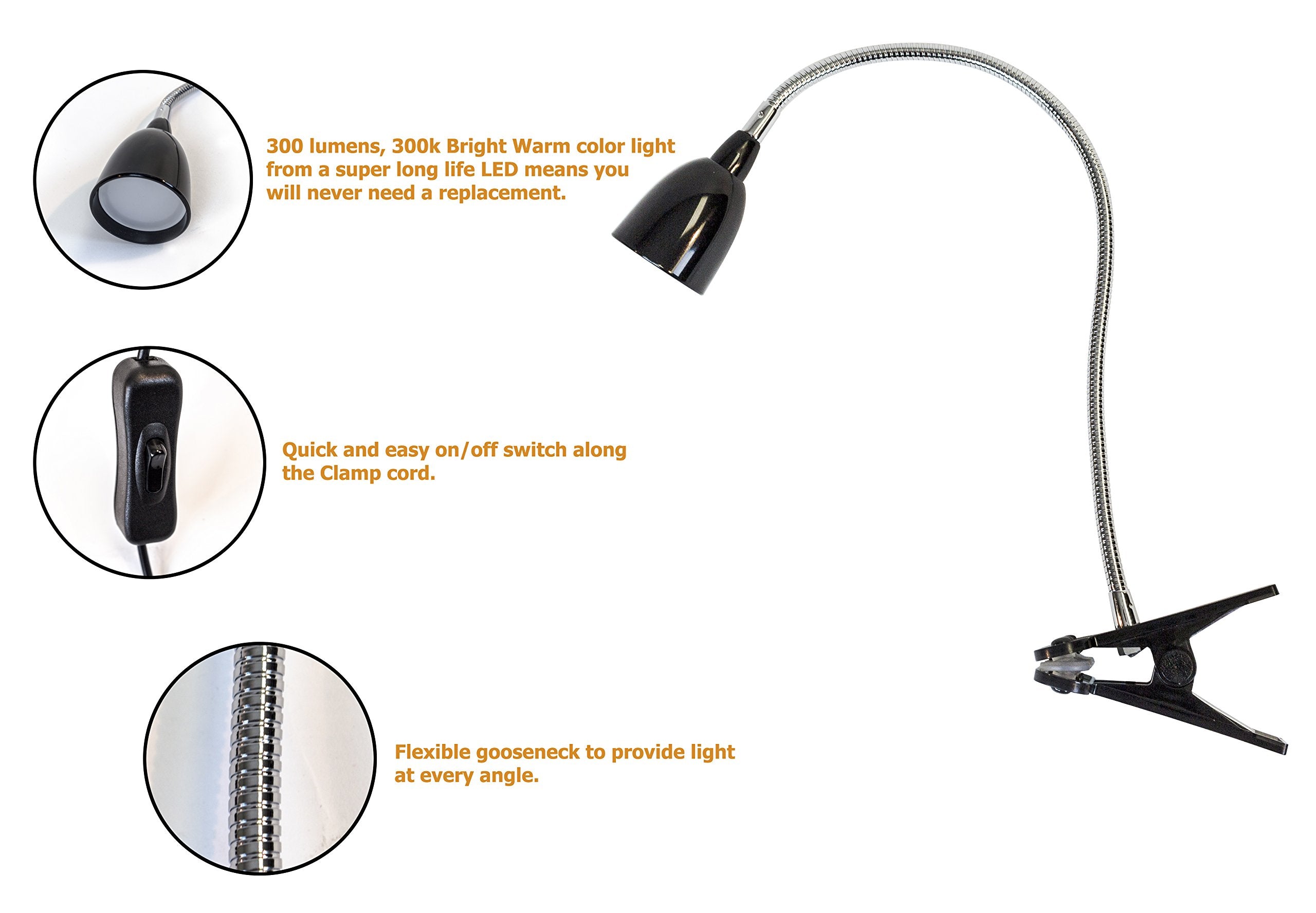 Newhouse Lighting NHCLP-LED-BLK Black Metal Flexible Clamp-Style LED Desk Lamp, 3000K Warm White, 6 ft Power Cord
