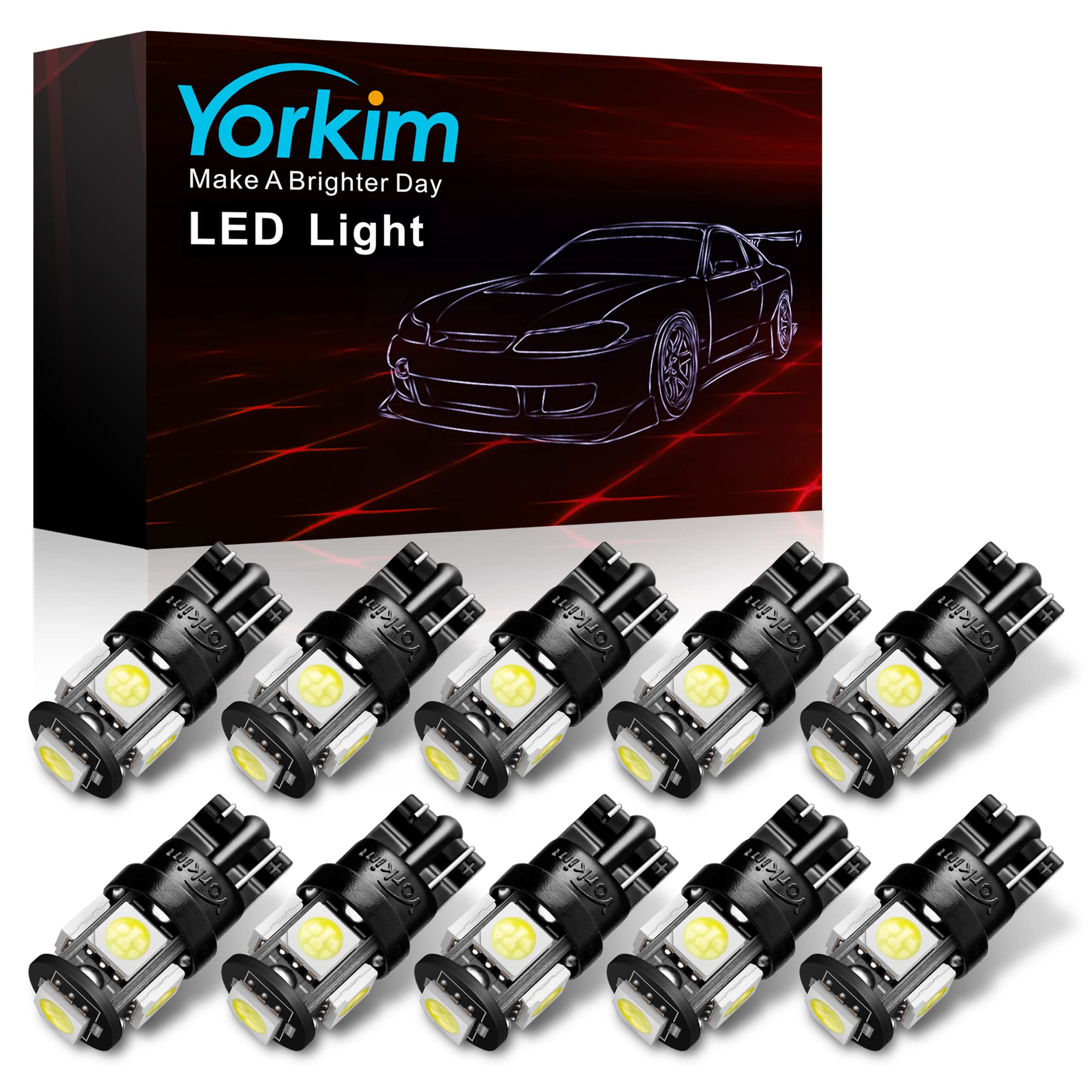 Yorkim T10 LED Bulbs 6000K White, 5th Generation, Pack of 10, W5W 2825 for Car Interior Lights