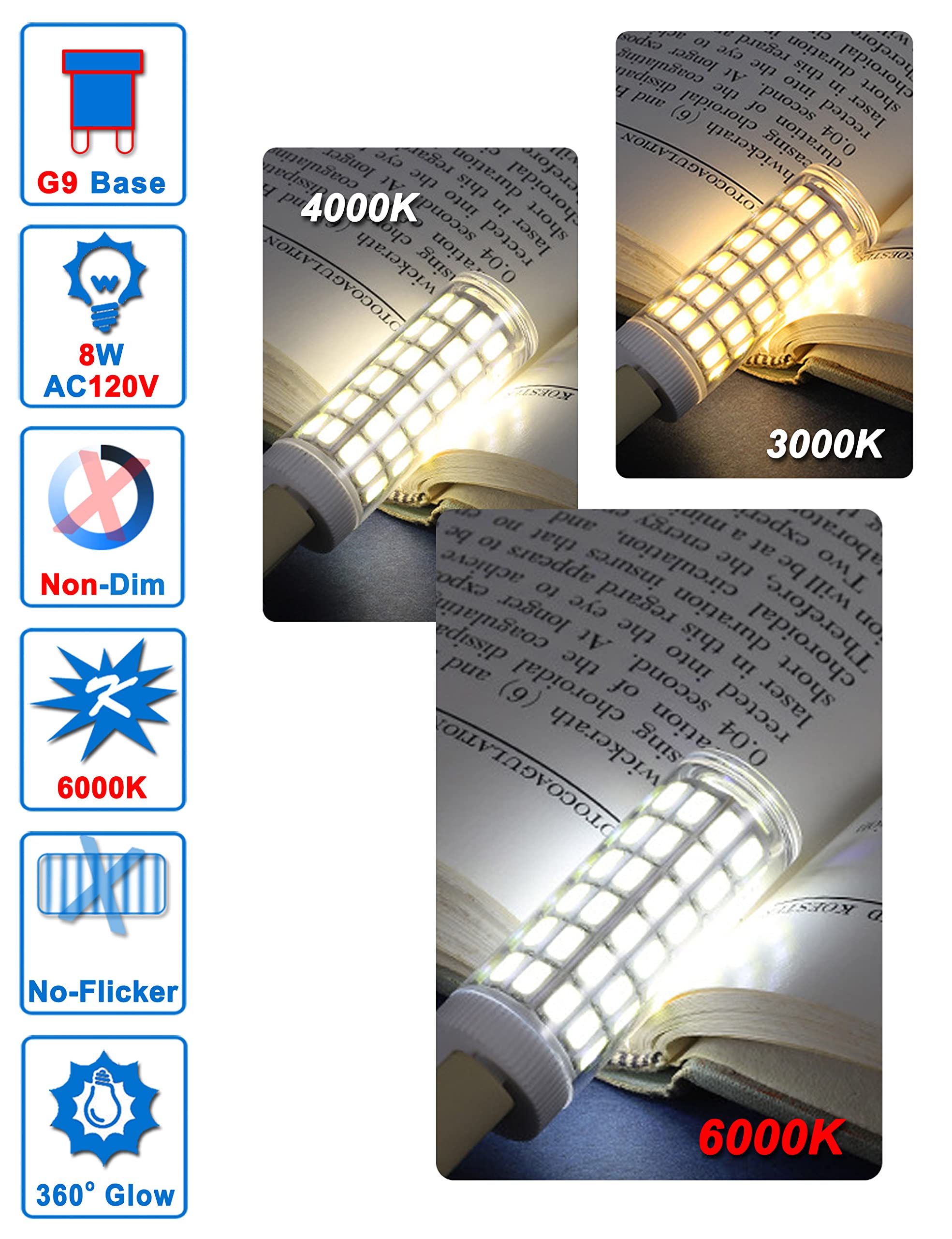 Ziomitus G9 LED Bulbs 8W 6000K Daylight Bright White 1000lm Non-Dimmable 5-Pack for Bathroom Vanity Ceiling Wall Lighting
