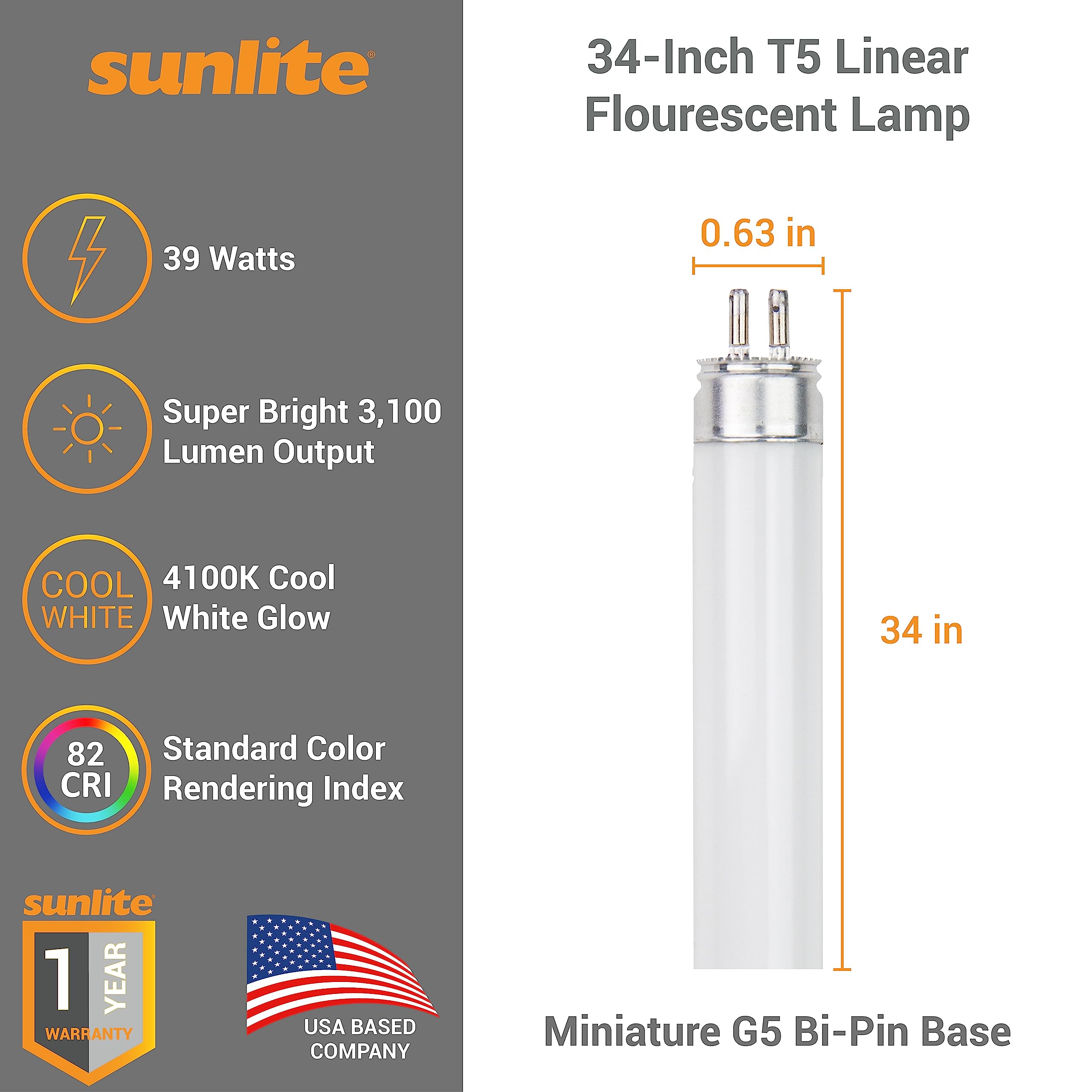Sunlite 30425 F39T5/841/HO 34-Inch T5 Linear Fluorescent Lamp, 39 Watts, 3100 Lumens, 4100K Cool White, Miniature G5 Bi-Pin Base